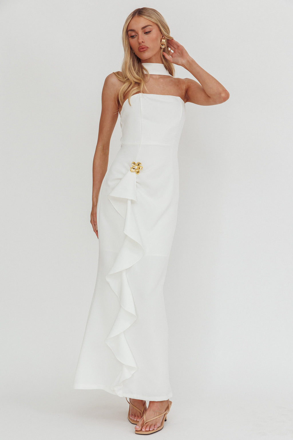 ivory satin ruffle strapless dress Selora Strapless Ruffle Maxi Dress White