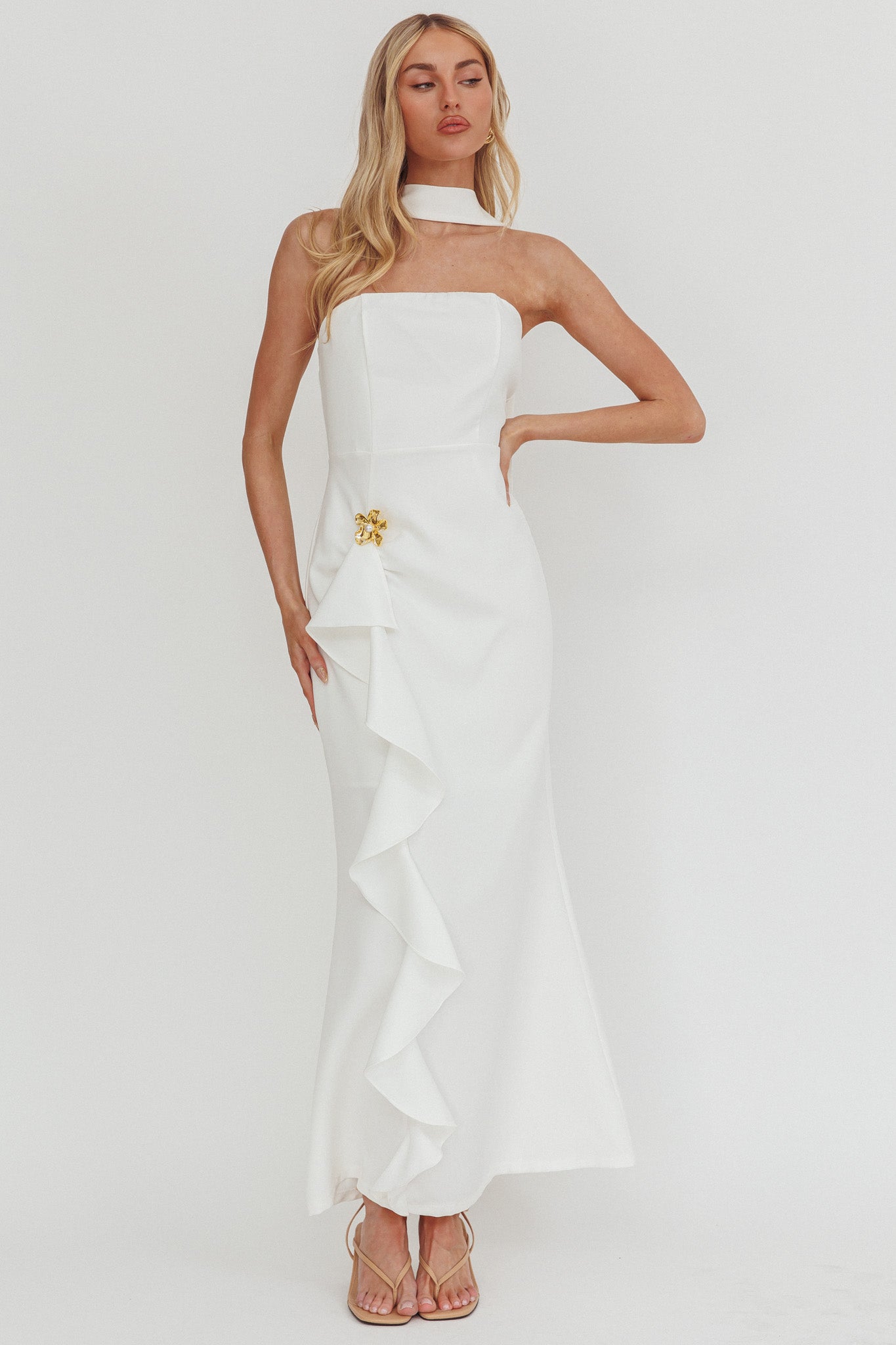 Selora Strapless Ruffle Maxi Dress White by Selfie Leslie