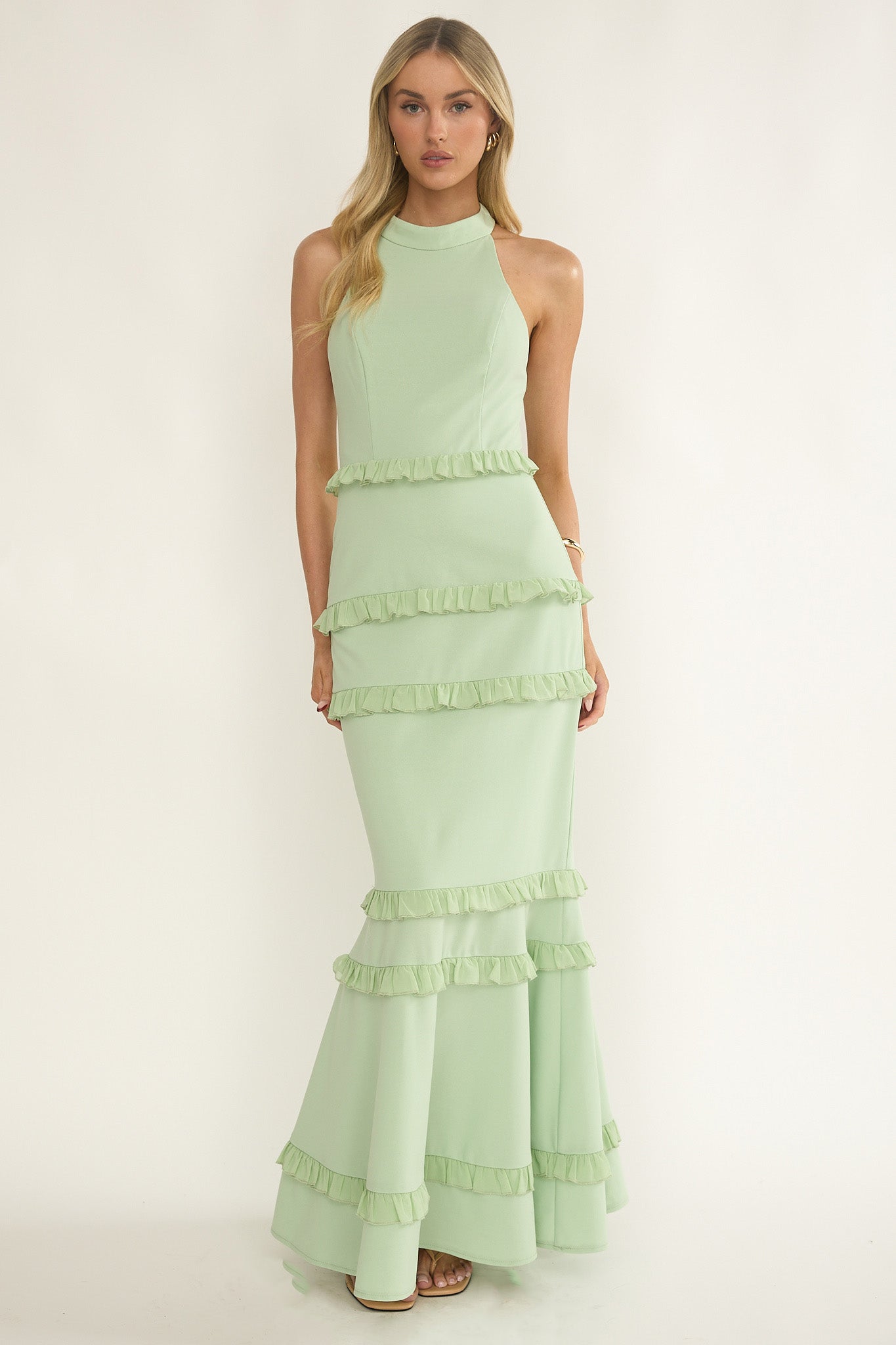 Haze Frill Trim Halterneck Maxi Dress Sage by Selfie Leslie