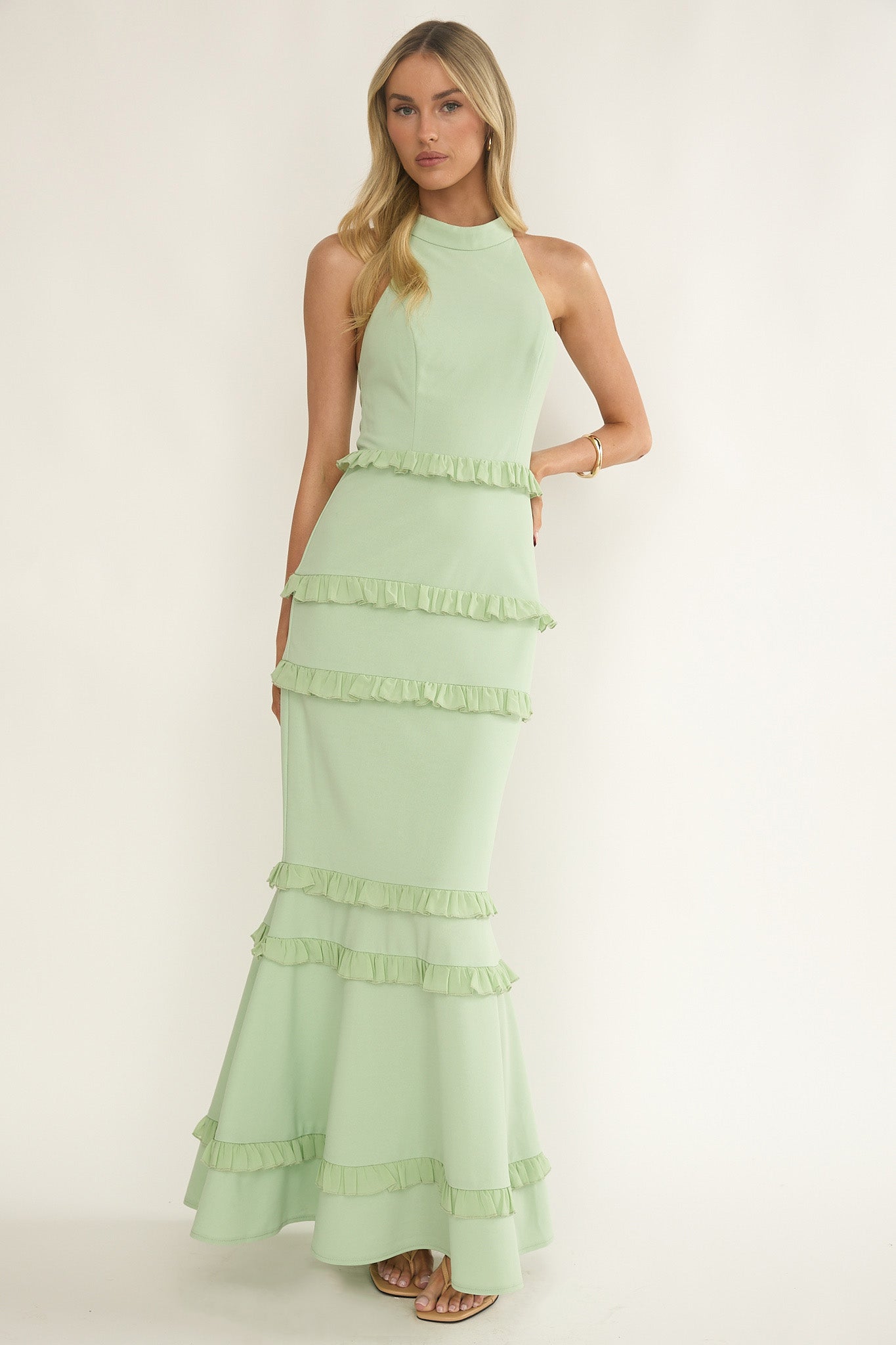 Haze Frill Trim Halterneck Maxi Dress Sage by Selfie Leslie