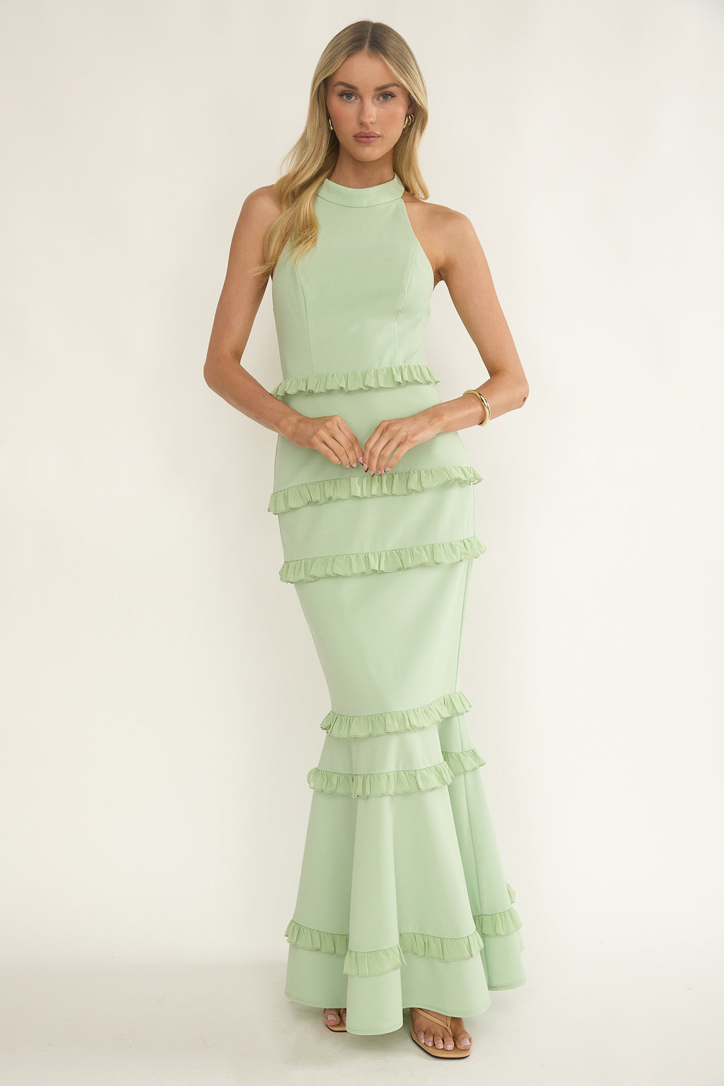Haze Frill Trim Halterneck Maxi Dress Sage by Selfie Leslie