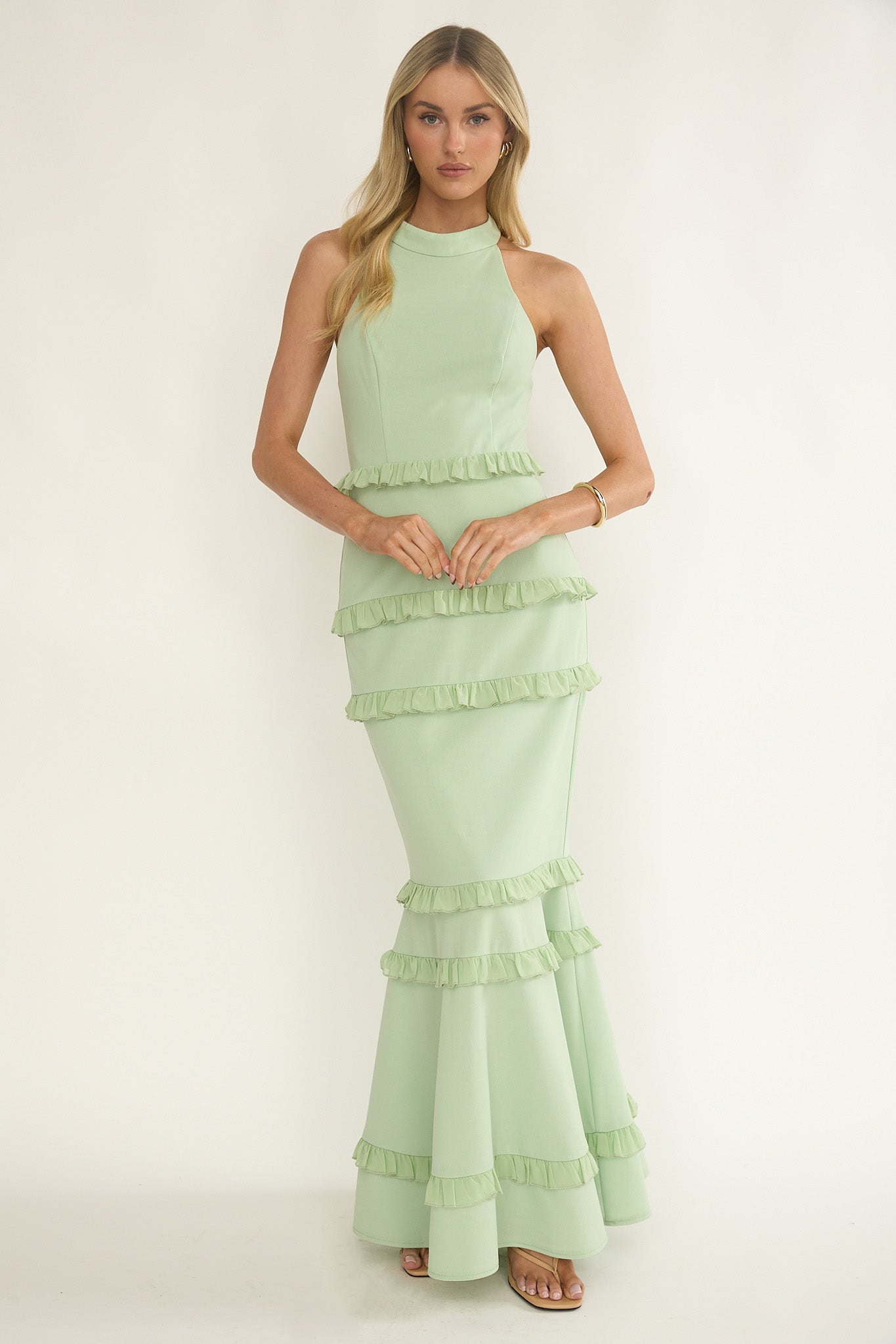 Haze Frill Trim Halterneck Maxi Dress Sage by Selfie Leslie