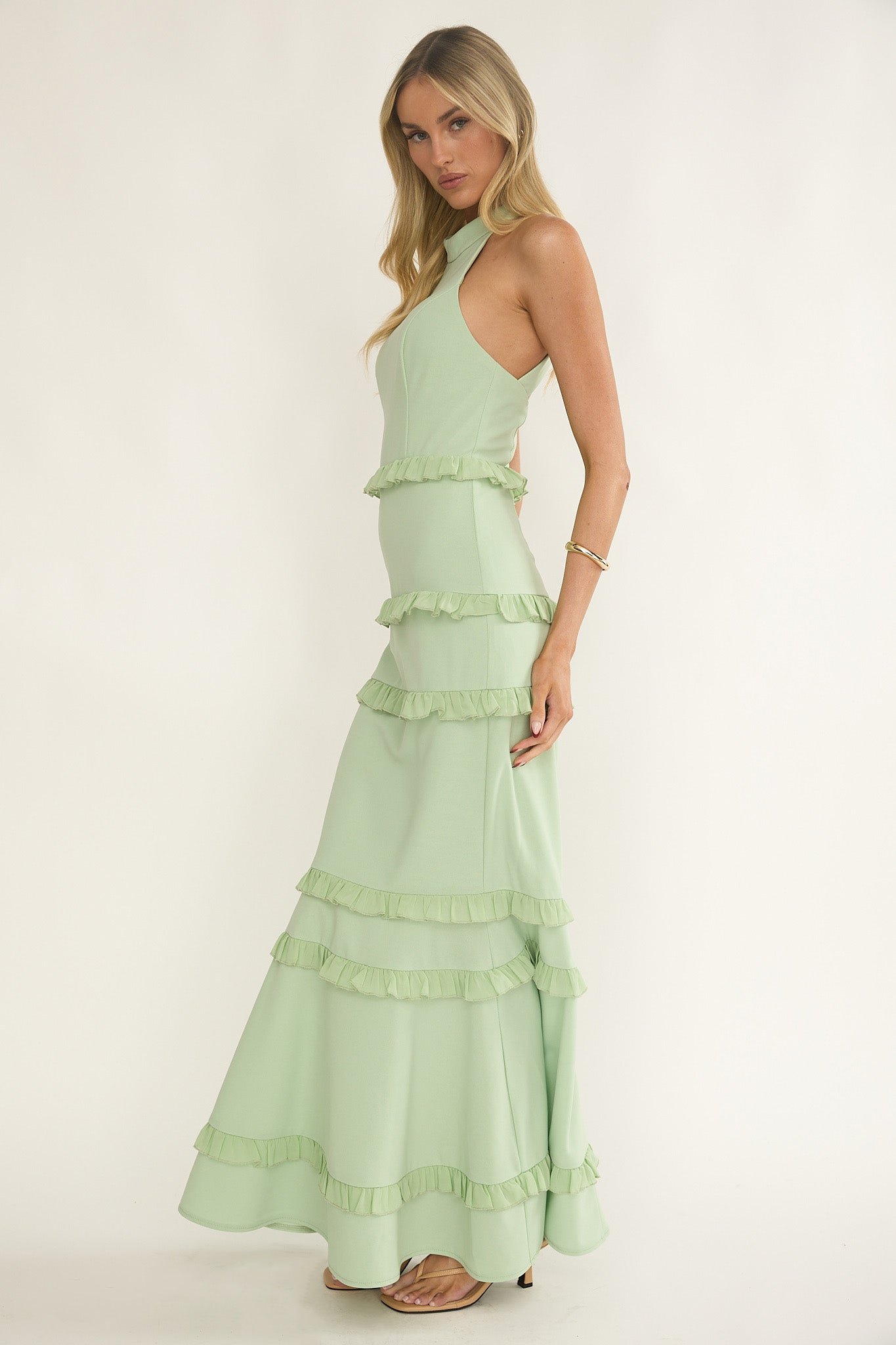 Haze Frill Trim Halterneck Maxi Dress Sage by Selfie Leslie