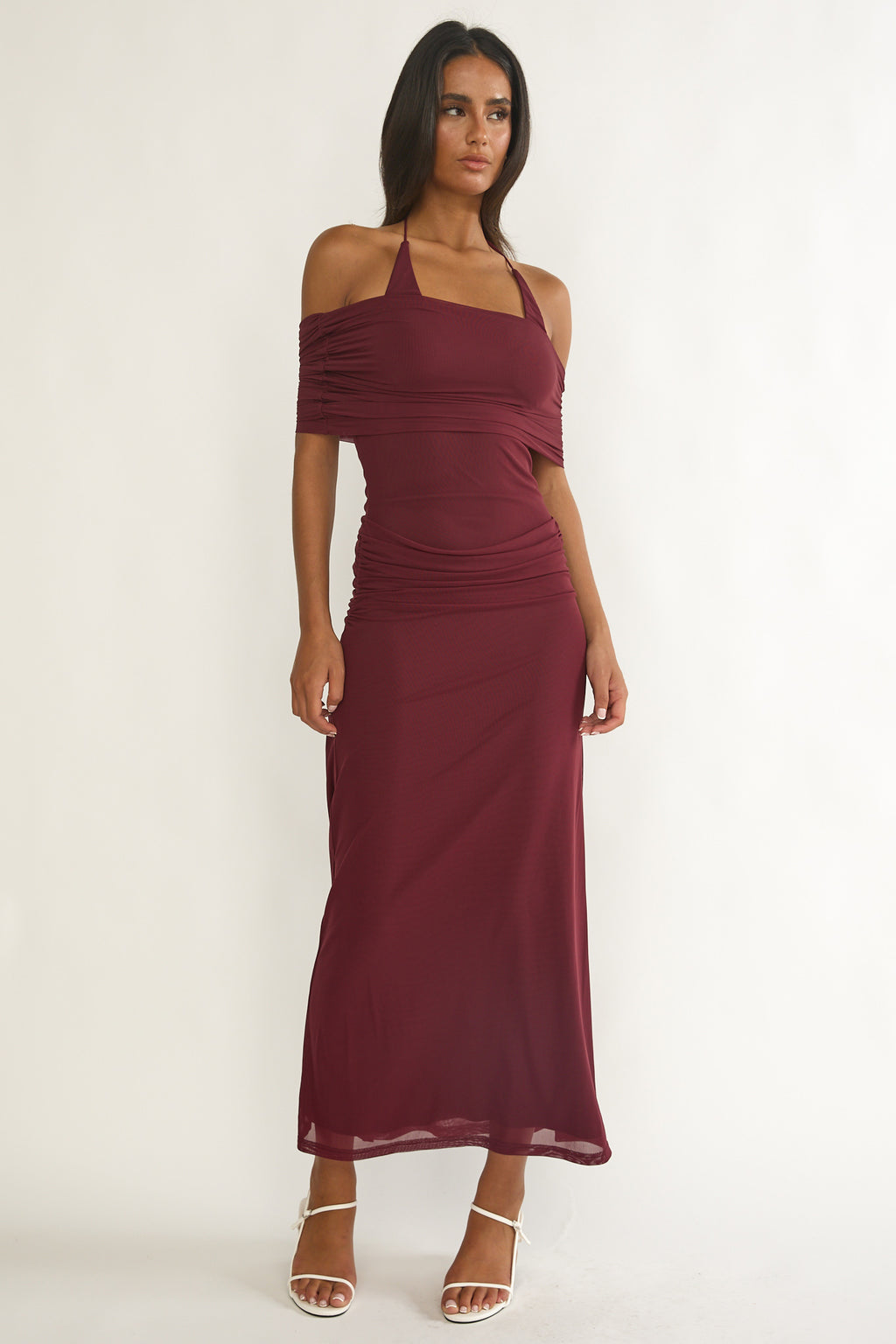 Carielle Off-Shoulder Halter Maxi Dress Wine by Selfie Leslie