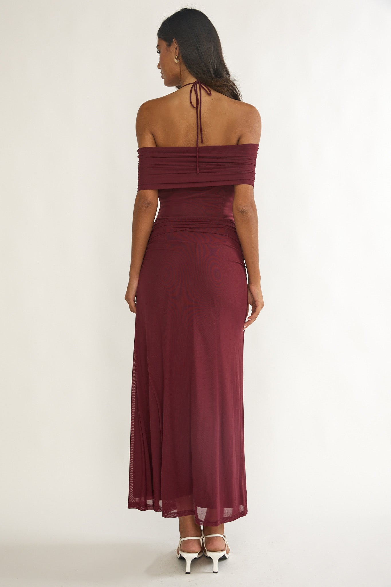 off shoulder halter dress Shimmer Off-Shoulder Halter Dress with Sheer Long Sleeves