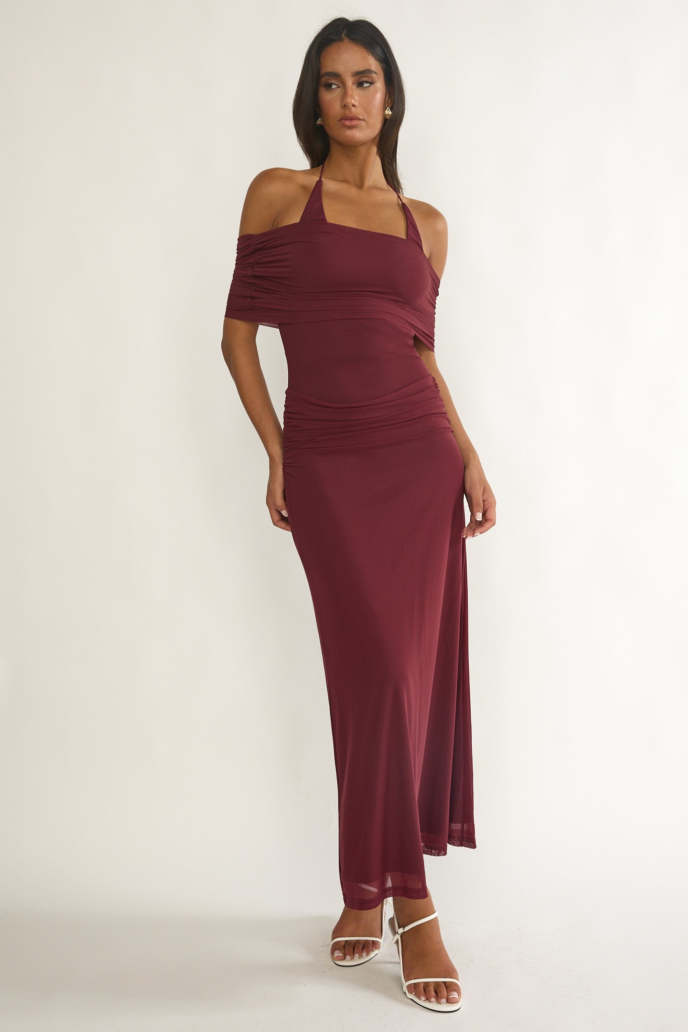 formal halter maxi dress Carielle Off-Shoulder Halter Maxi Dress Wine