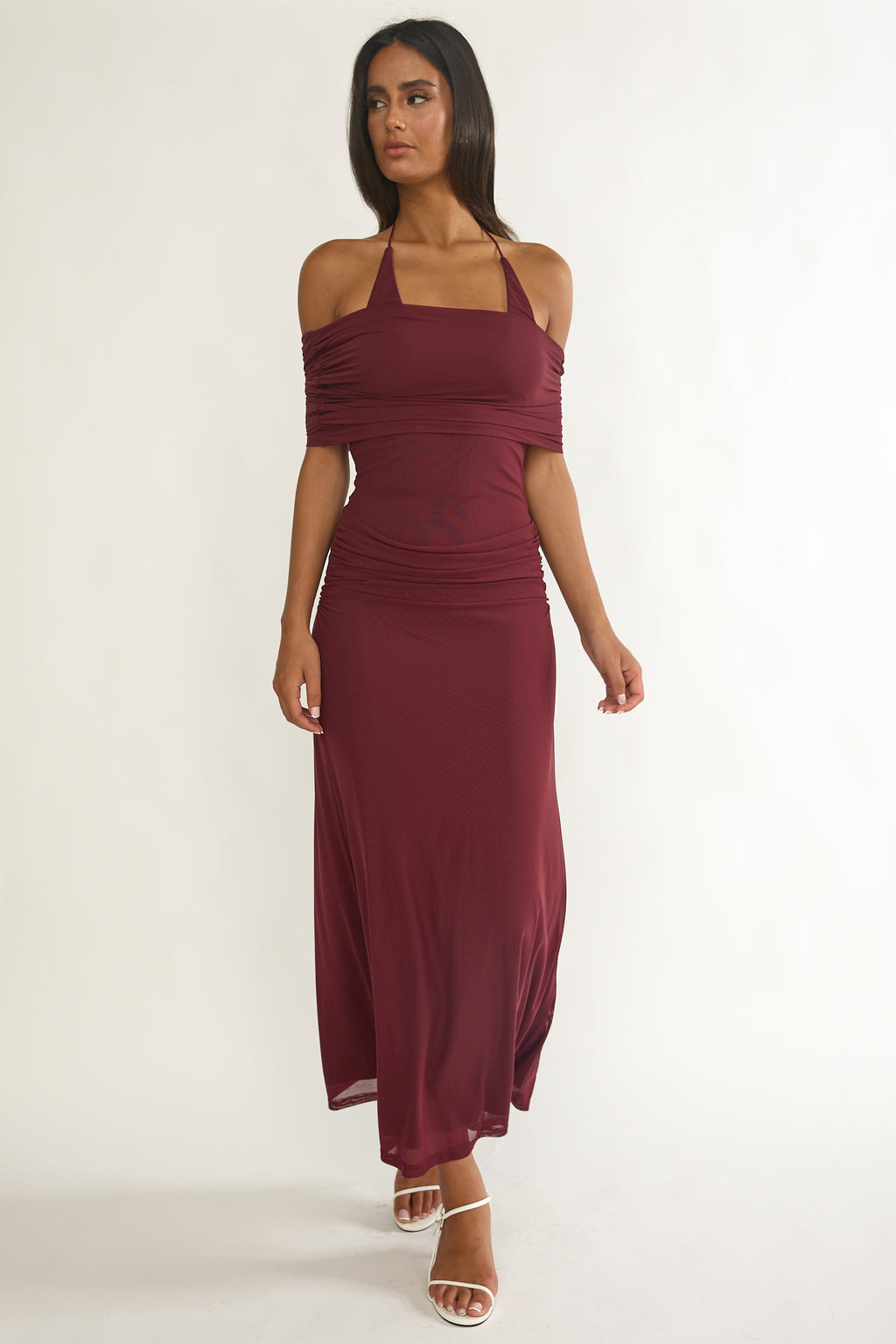 Carielle Off-Shoulder Halter Maxi Dress Wine by Selfie Leslie