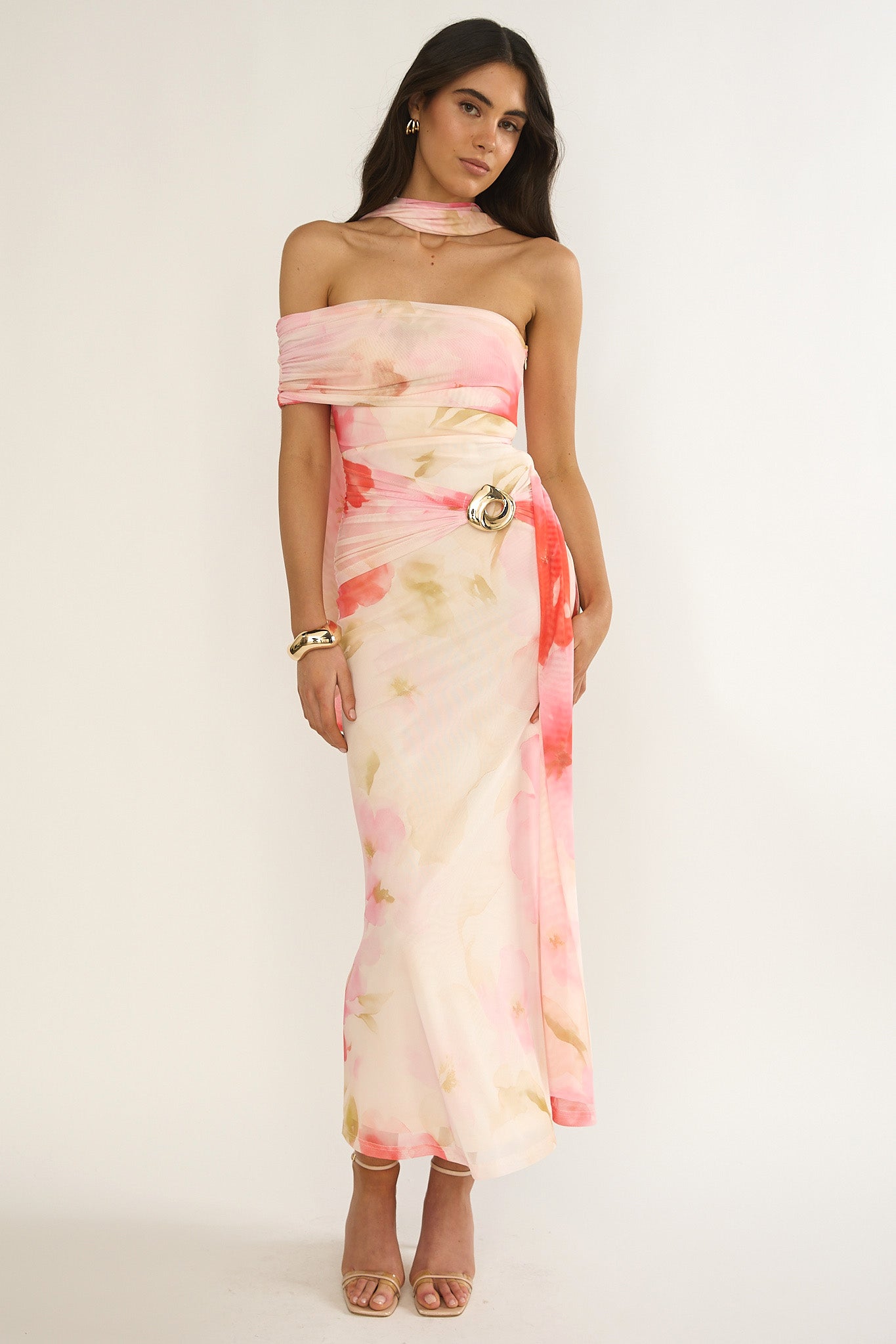 Carrisa One-Sleeve Maxi Dress Floral Pink by Selfie Leslie