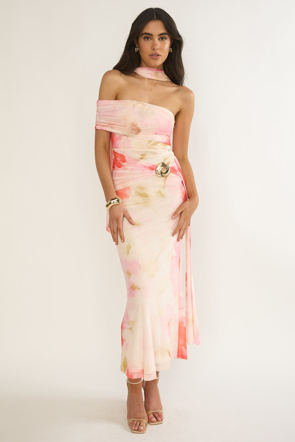 Carrisa One-Sleeve Maxi Dress Floral Pink by Selfie Leslie