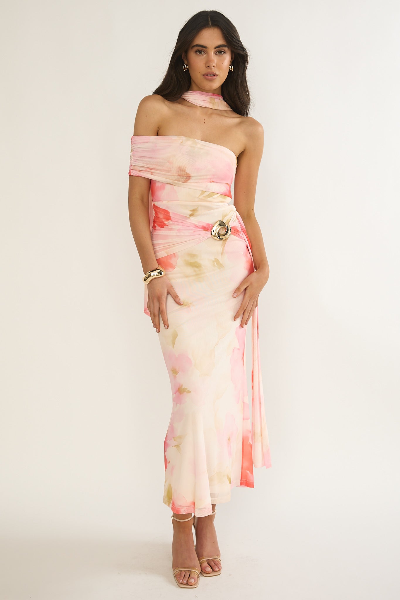 Carrisa One-Sleeve Maxi Dress Floral Pink by Selfie Leslie