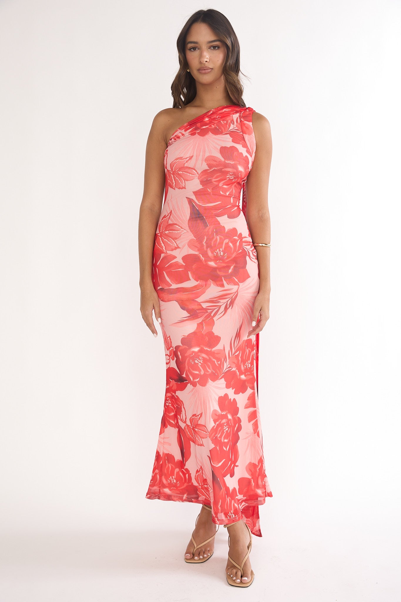 scarf neck dress Ilyse Neck Scarf One-Shoulder Maxi Dress Floral Red