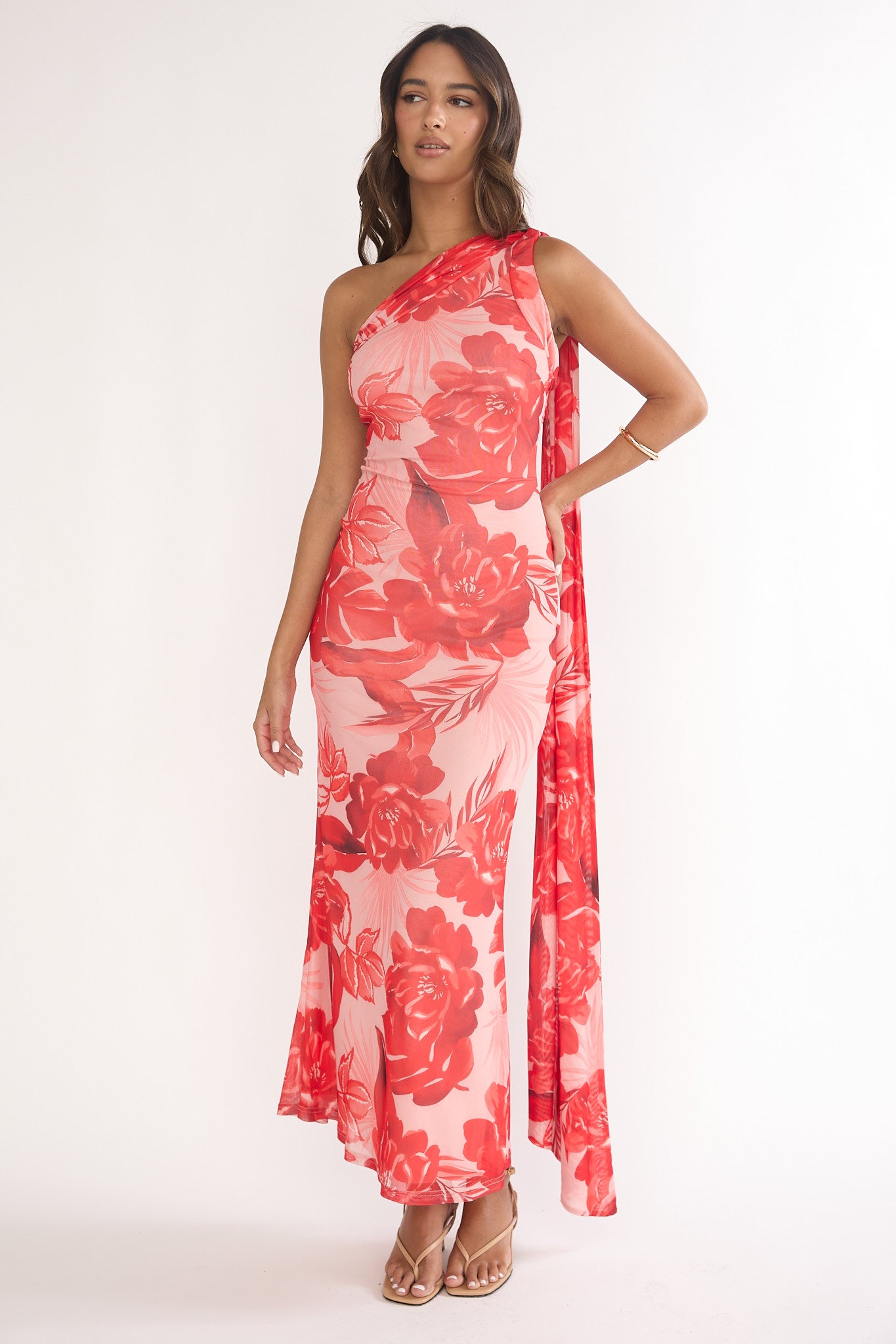 Ilyse Neck Scarf One-Shoulder Maxi Dress Floral Red by Selfie Leslie