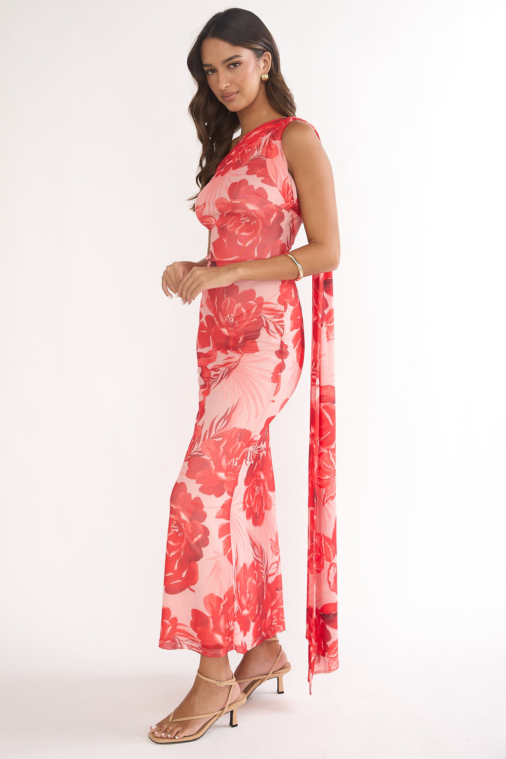Ilyse Neck Scarf One-Shoulder Maxi Dress Floral Red by Selfie Leslie