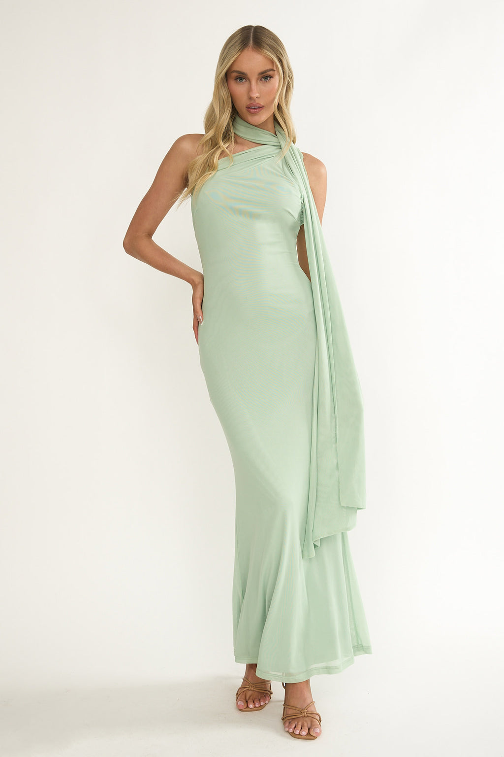 green dress neck scarf ZENDEYA Satin Draped Corset Midi Dress with Neck Scarf in Emerald Gree
