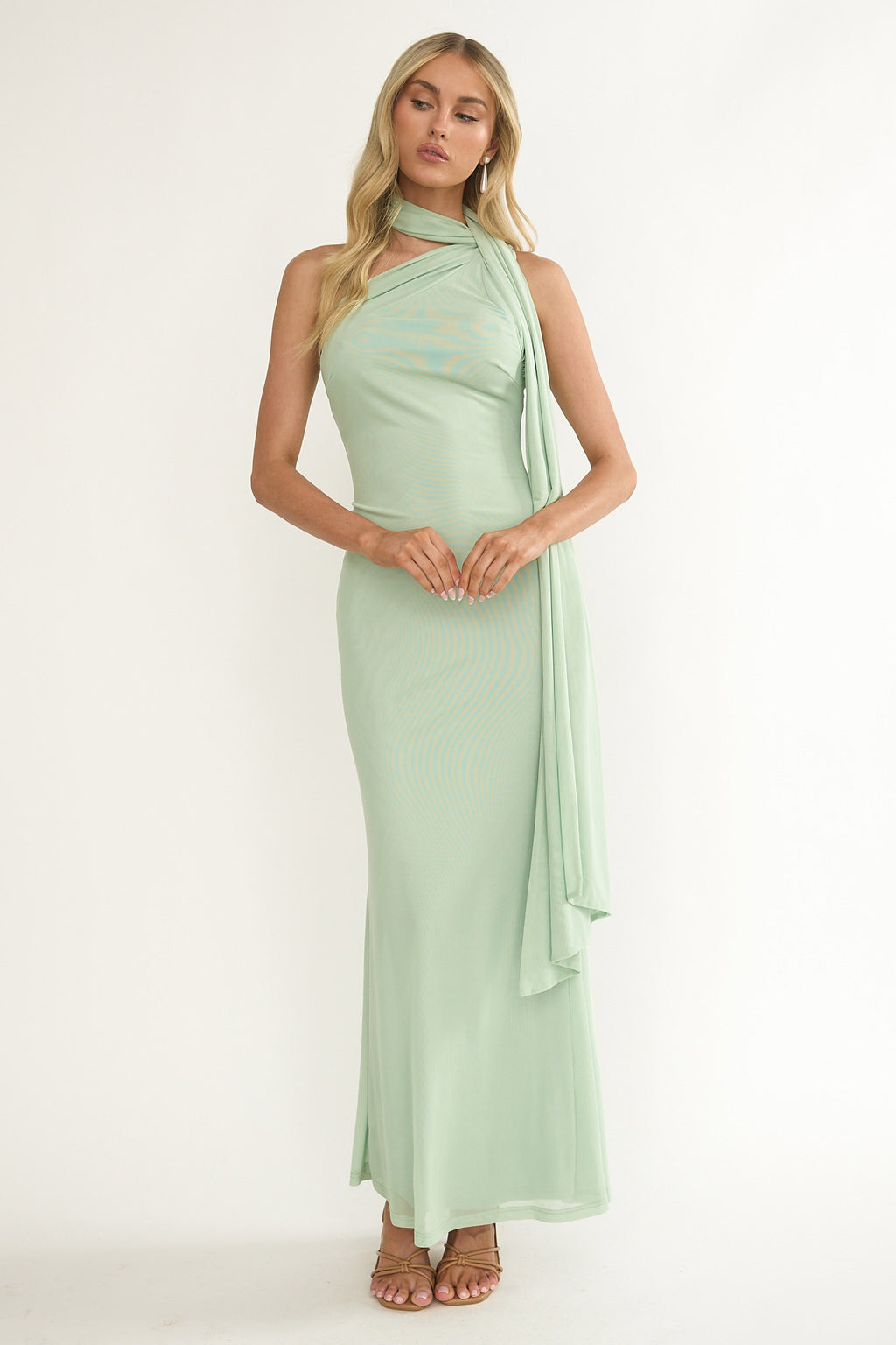 Ilyse Neck Scarf One-Shoulder Maxi Dress Mint by Selfie Leslie