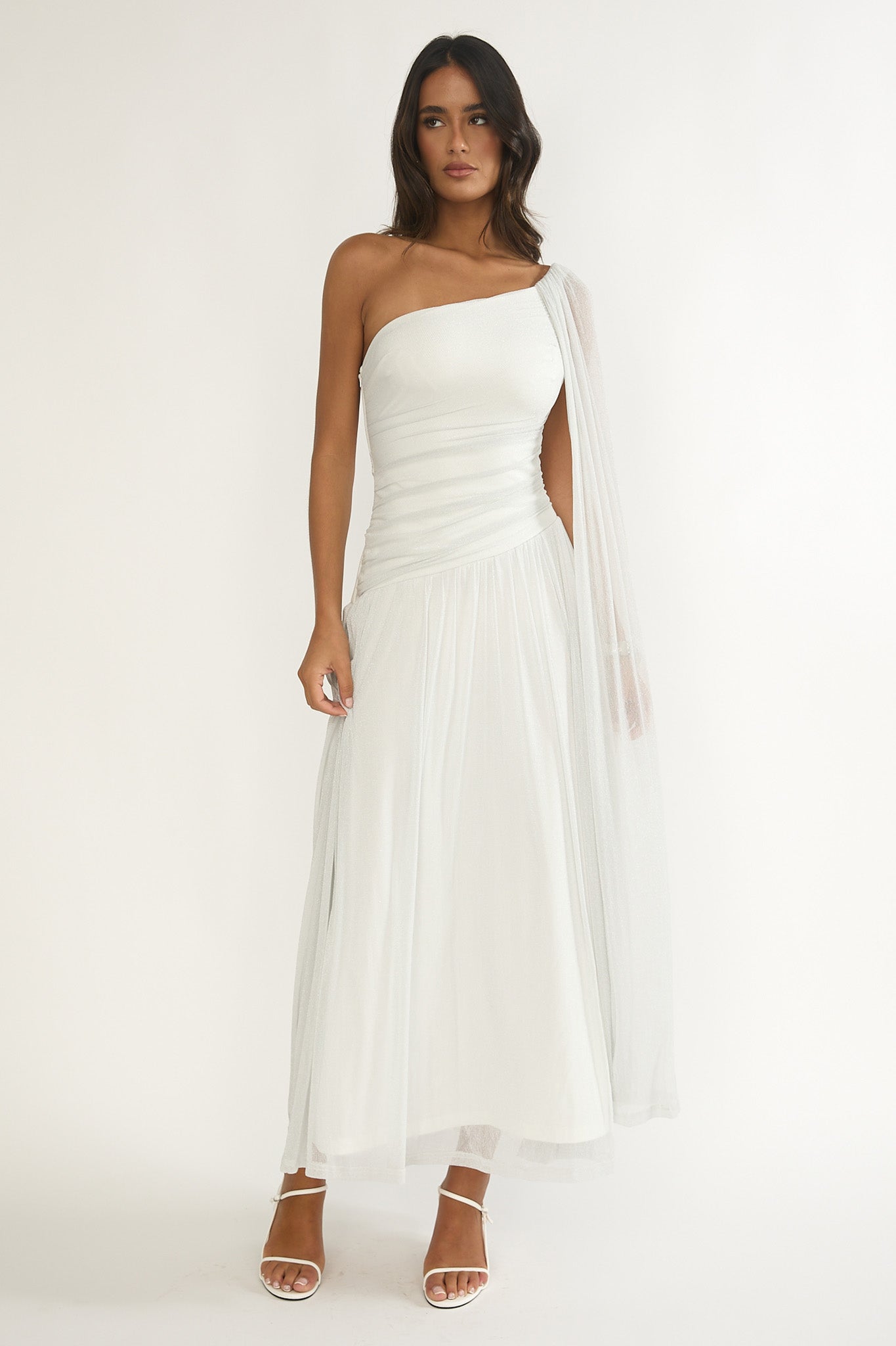 Zorina One-Shoulder Drape Maxi Dress Silver | Selfie Leslie