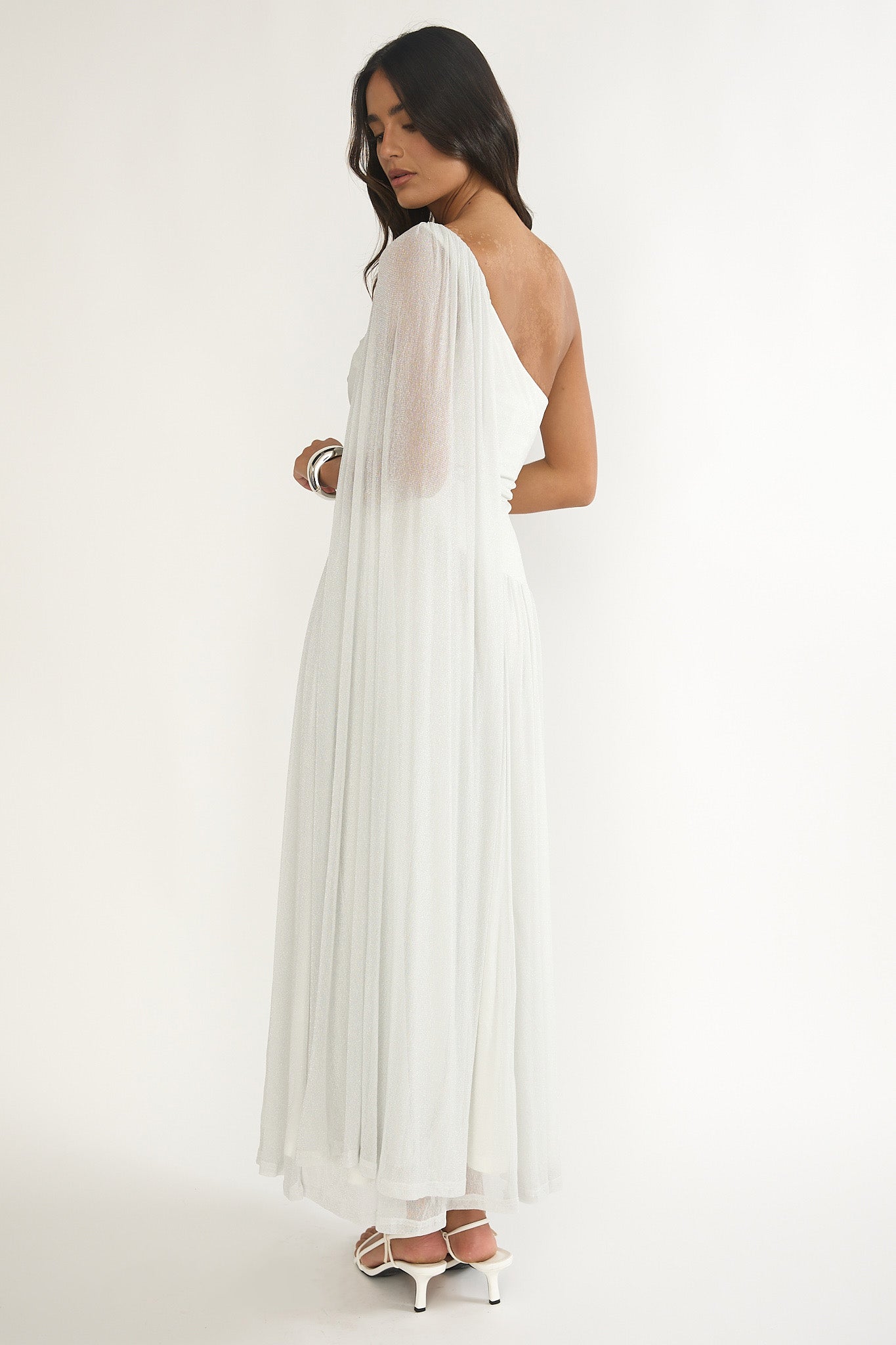 Zorina One-Shoulder Drape Maxi Dress Silver | Selfie Leslie