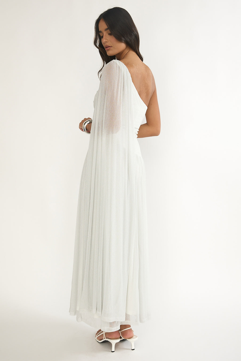Zorina One-Shoulder Drape Maxi Dress Silver by Selfie Leslie