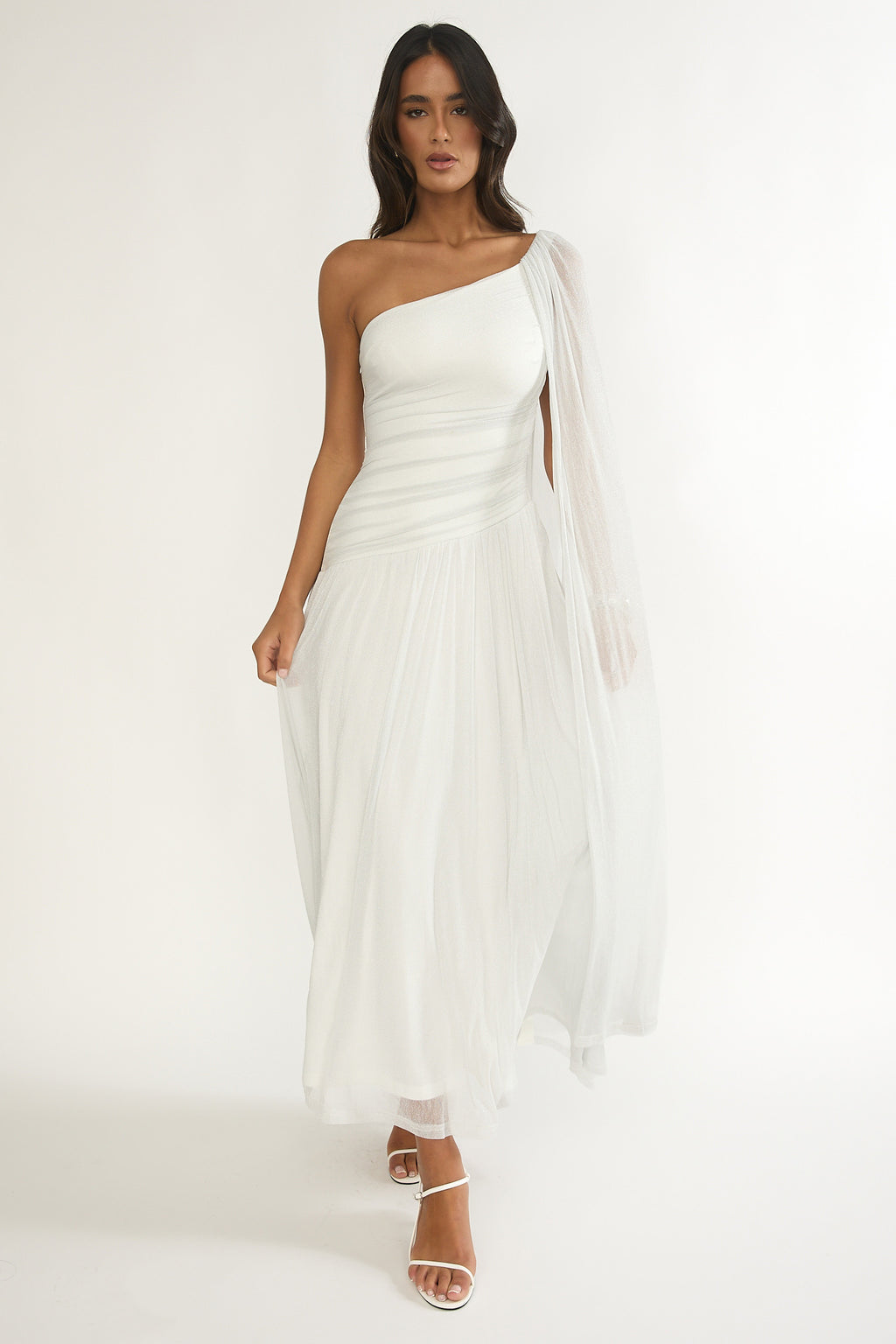 Zorina One-Shoulder Drape Maxi Dress Silver by Selfie Leslie