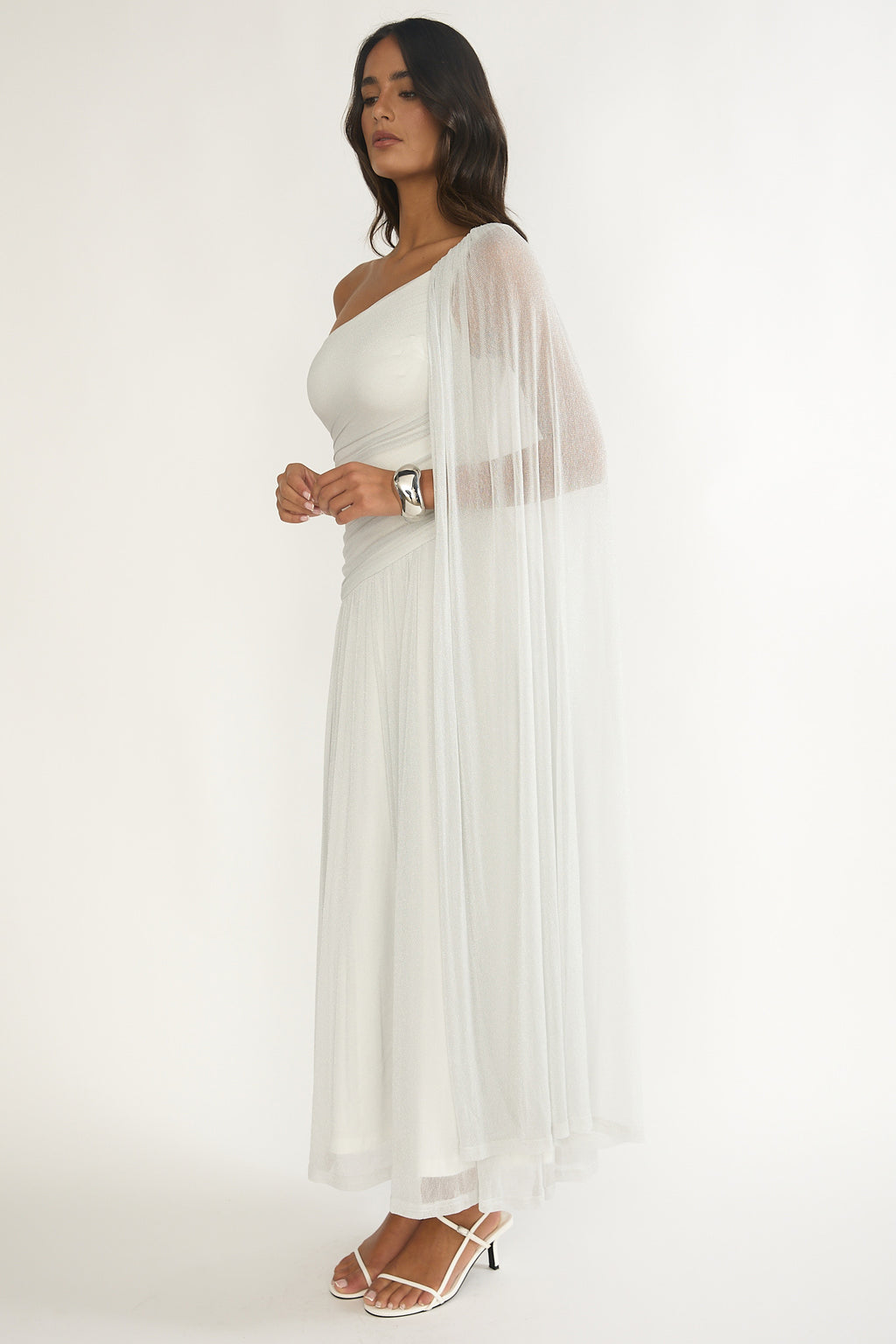 Zorina One-Shoulder Drape Maxi Dress Silver by Selfie Leslie