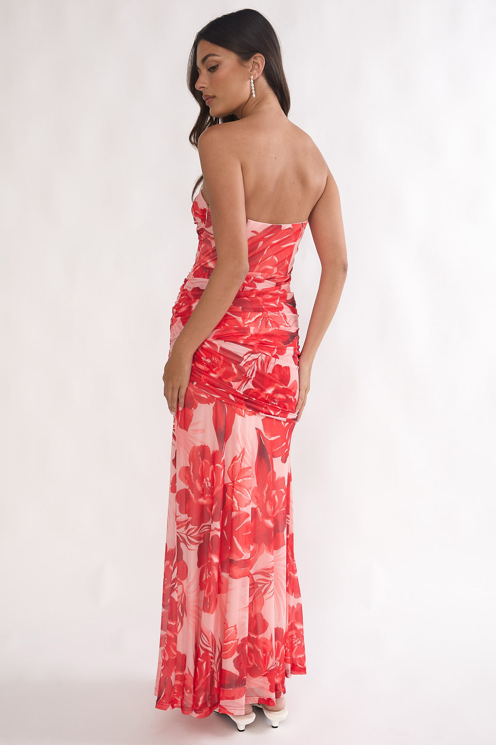 Kallira Strapless Ruched Maxi Dress Floral Red by Selfie Leslie