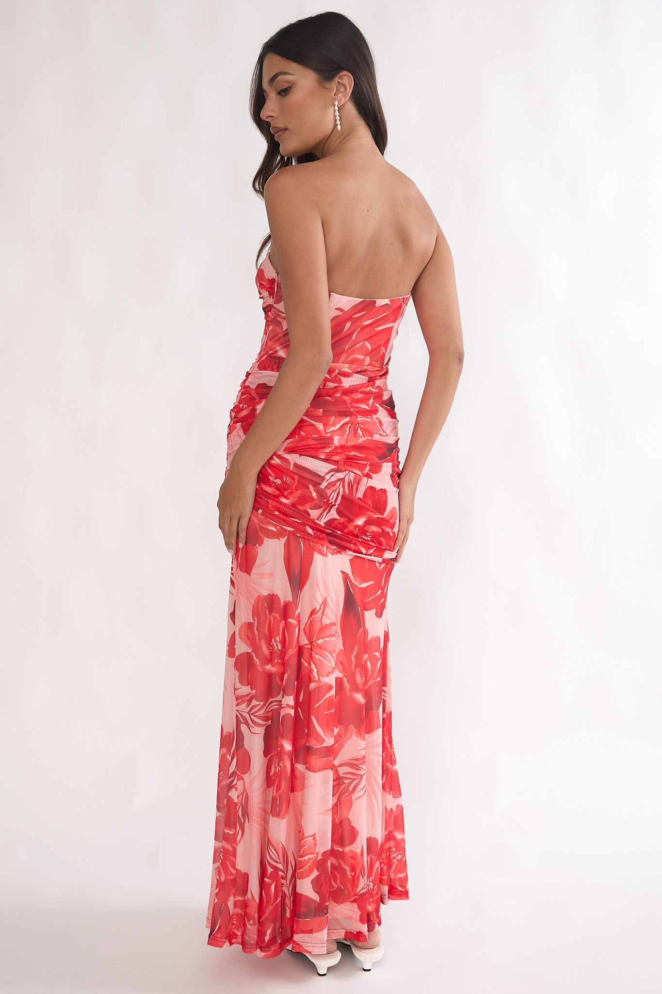 Kallira Strapless Ruched Maxi Dress Floral Red | Selfie Leslie