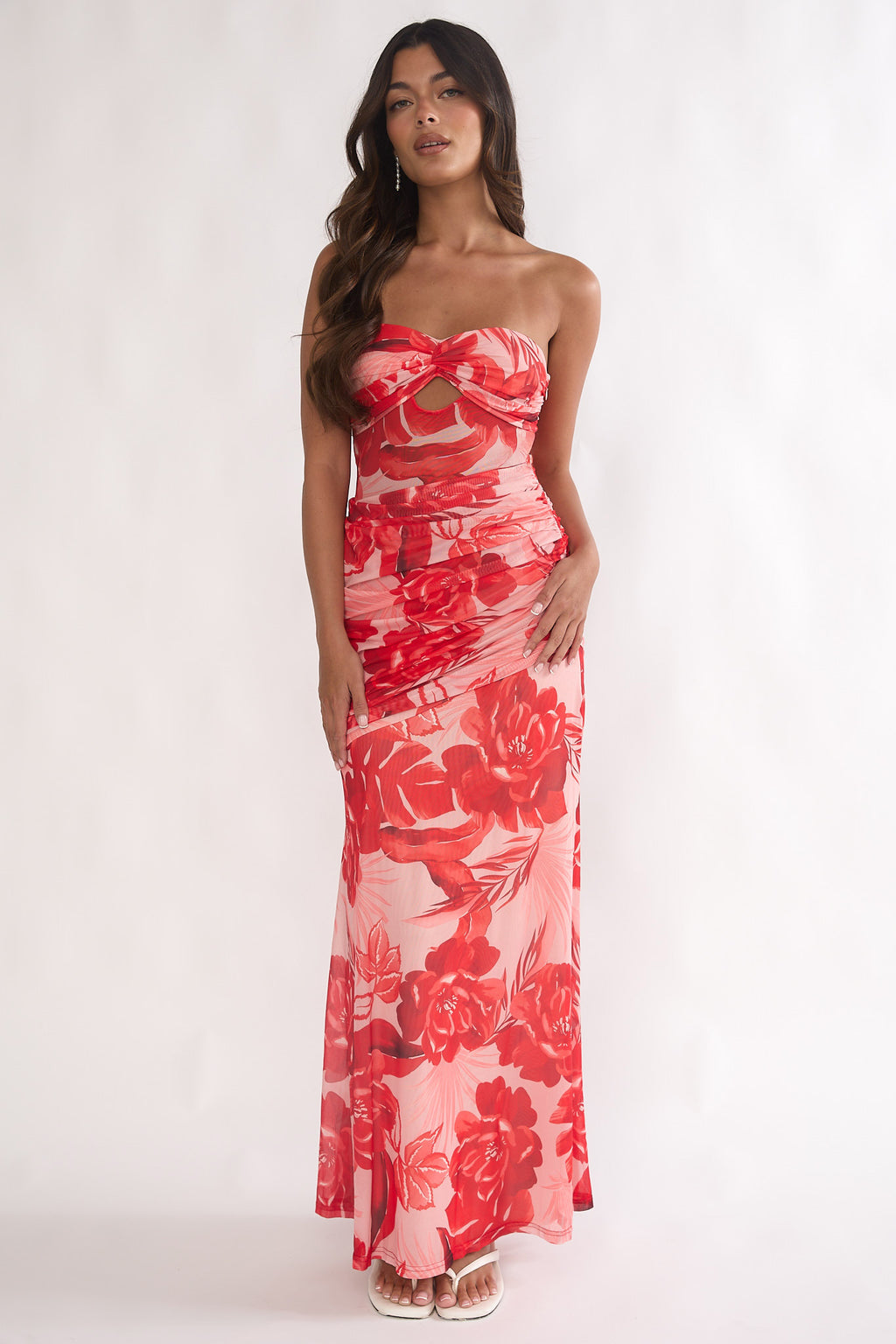 Kallira Strapless Ruched Maxi Dress Floral Red by Selfie Leslie