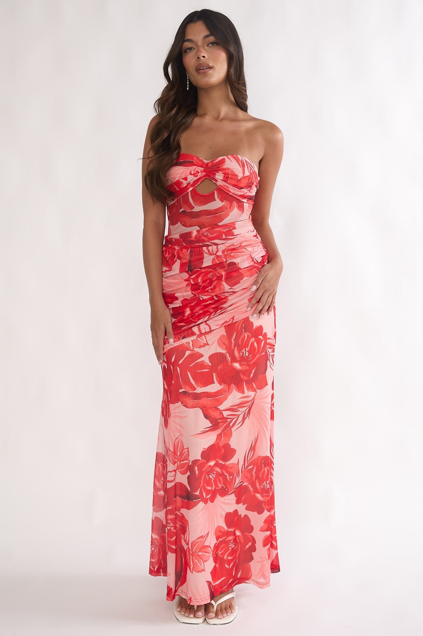 Kallira Strapless Ruched Maxi Dress Floral Red by Selfie Leslie