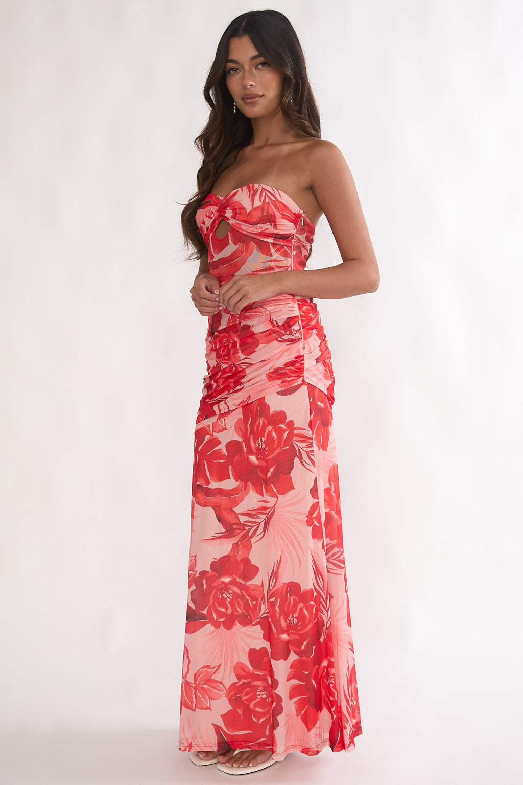 Kallira Strapless Ruched Maxi Dress Floral Red Selfie Leslie Kallira Strapless Ruched Maxi Dress Floral Red Selfie Leslie