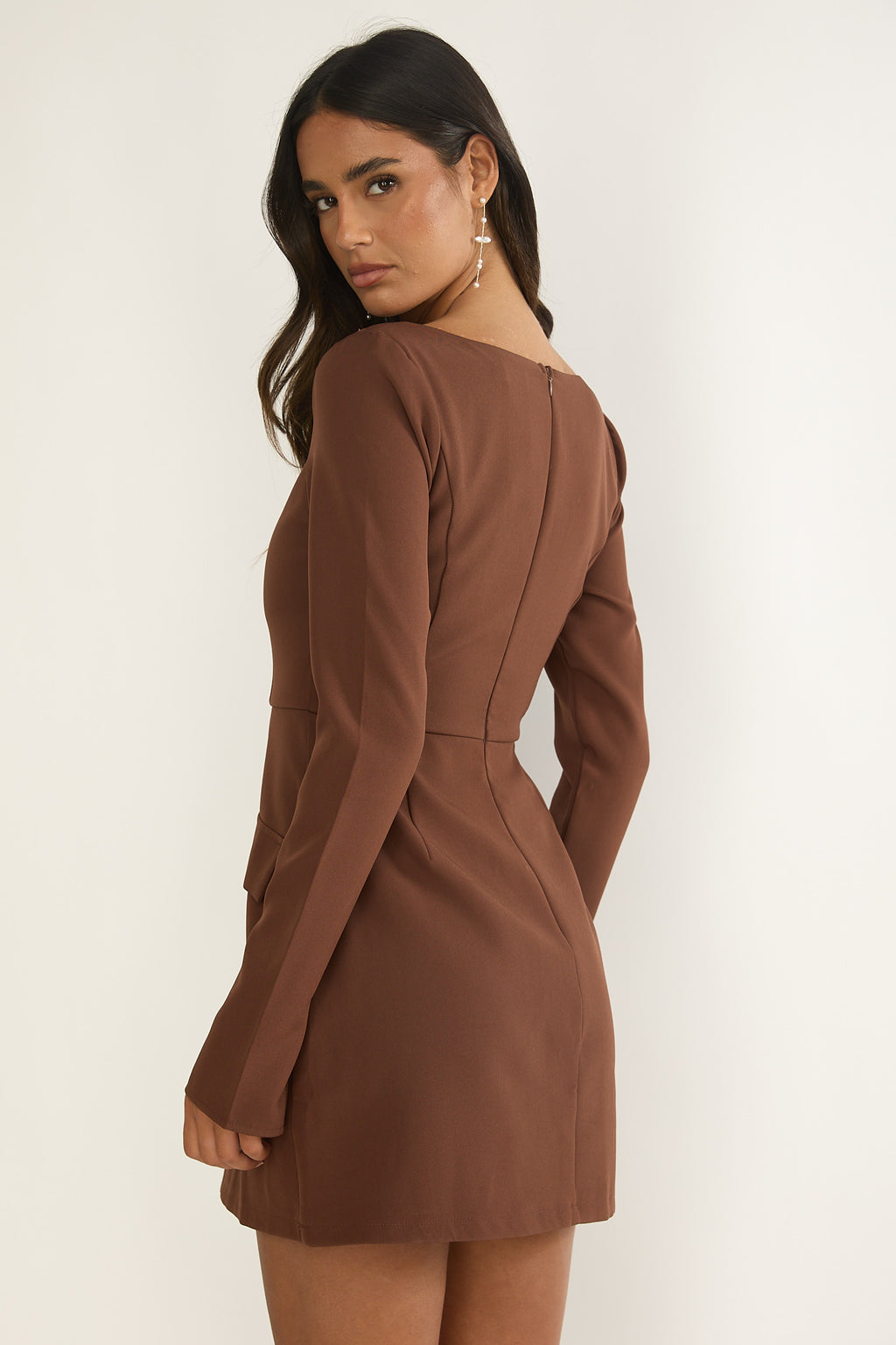 Calenne Long Sleeve Faux Pocket Mini Dress Coffee by Selfie Leslie