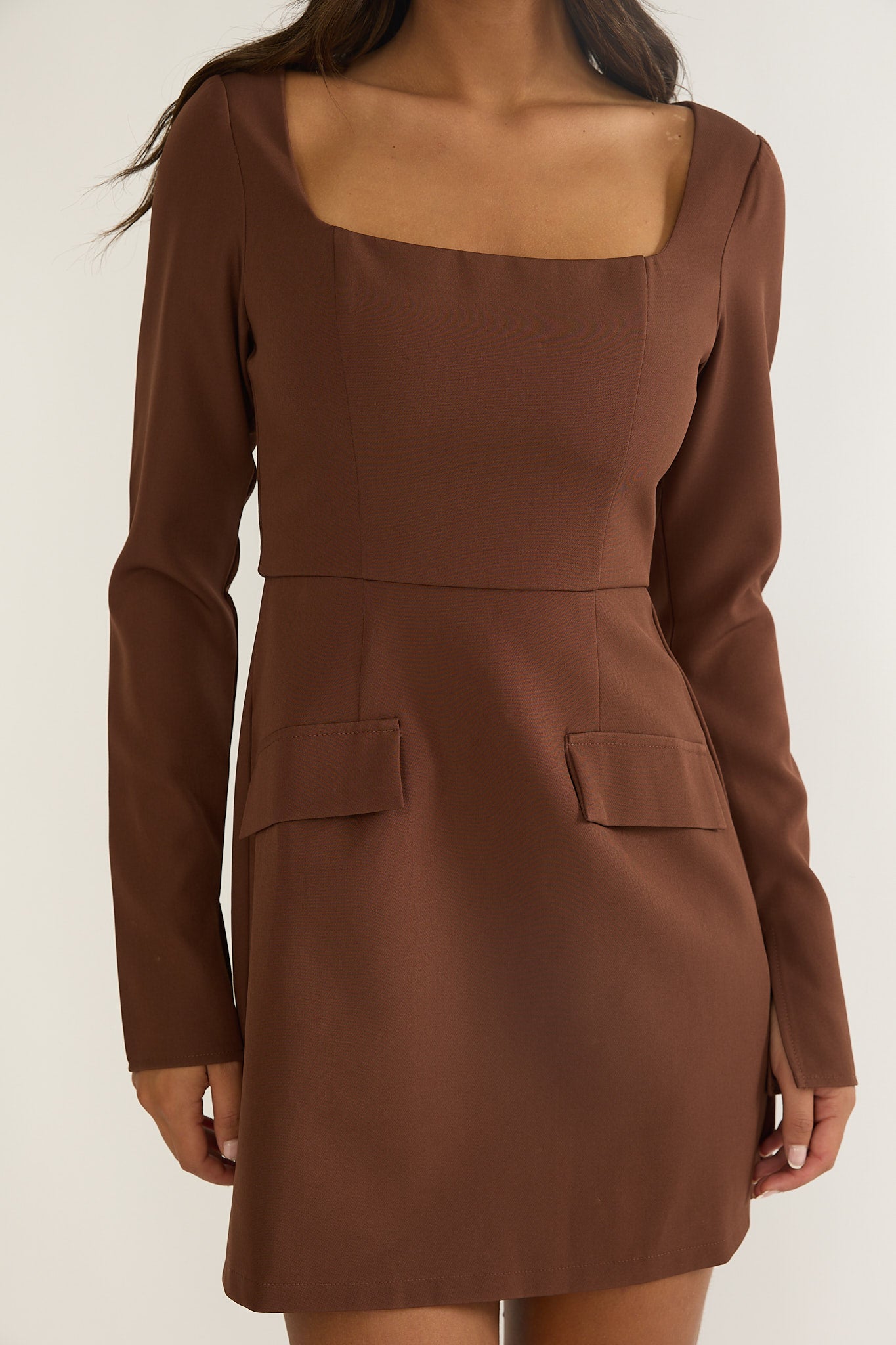 Calenne Long Sleeve Faux Pocket Mini Dress Coffee by Selfie Leslie