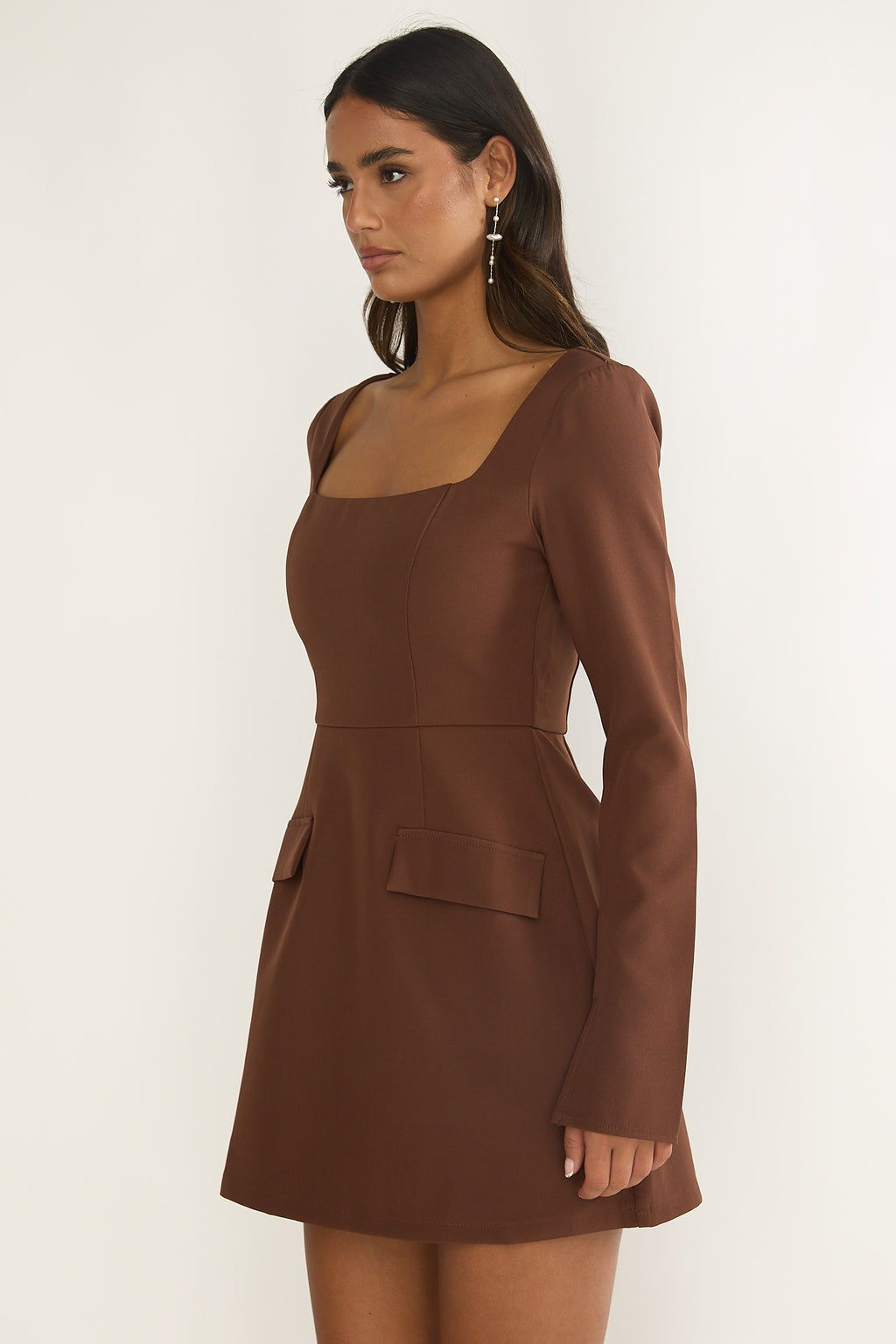 Calenne Long Sleeve Faux Pocket Mini Dress Coffee by Selfie Leslie