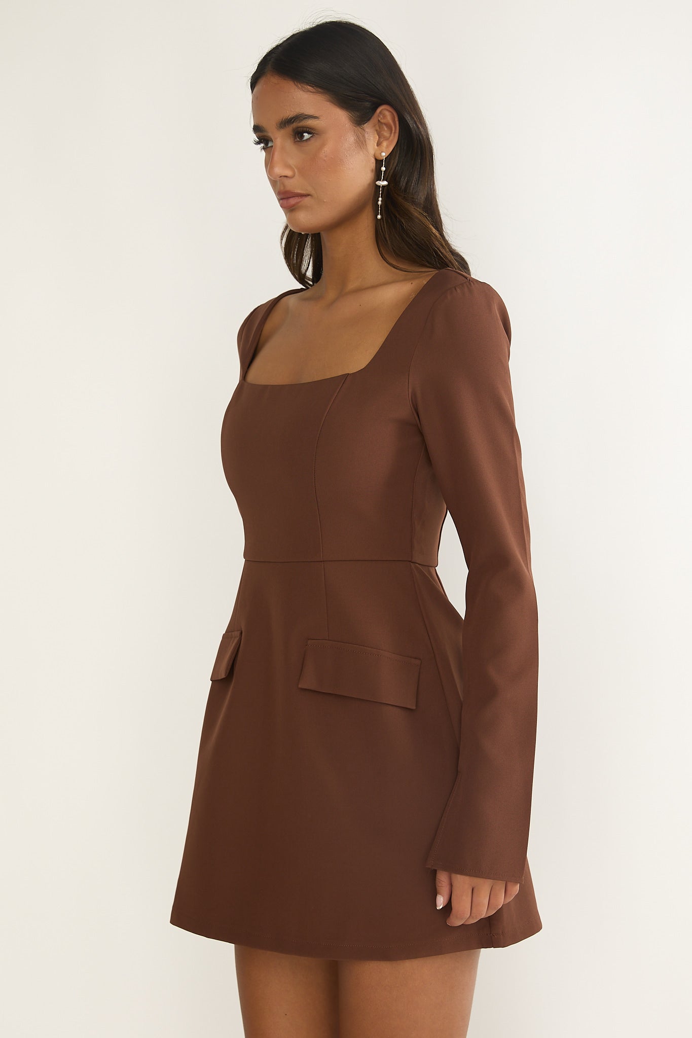 Calenne Long Sleeve Faux Pocket Mini Dress Coffee by Selfie Leslie