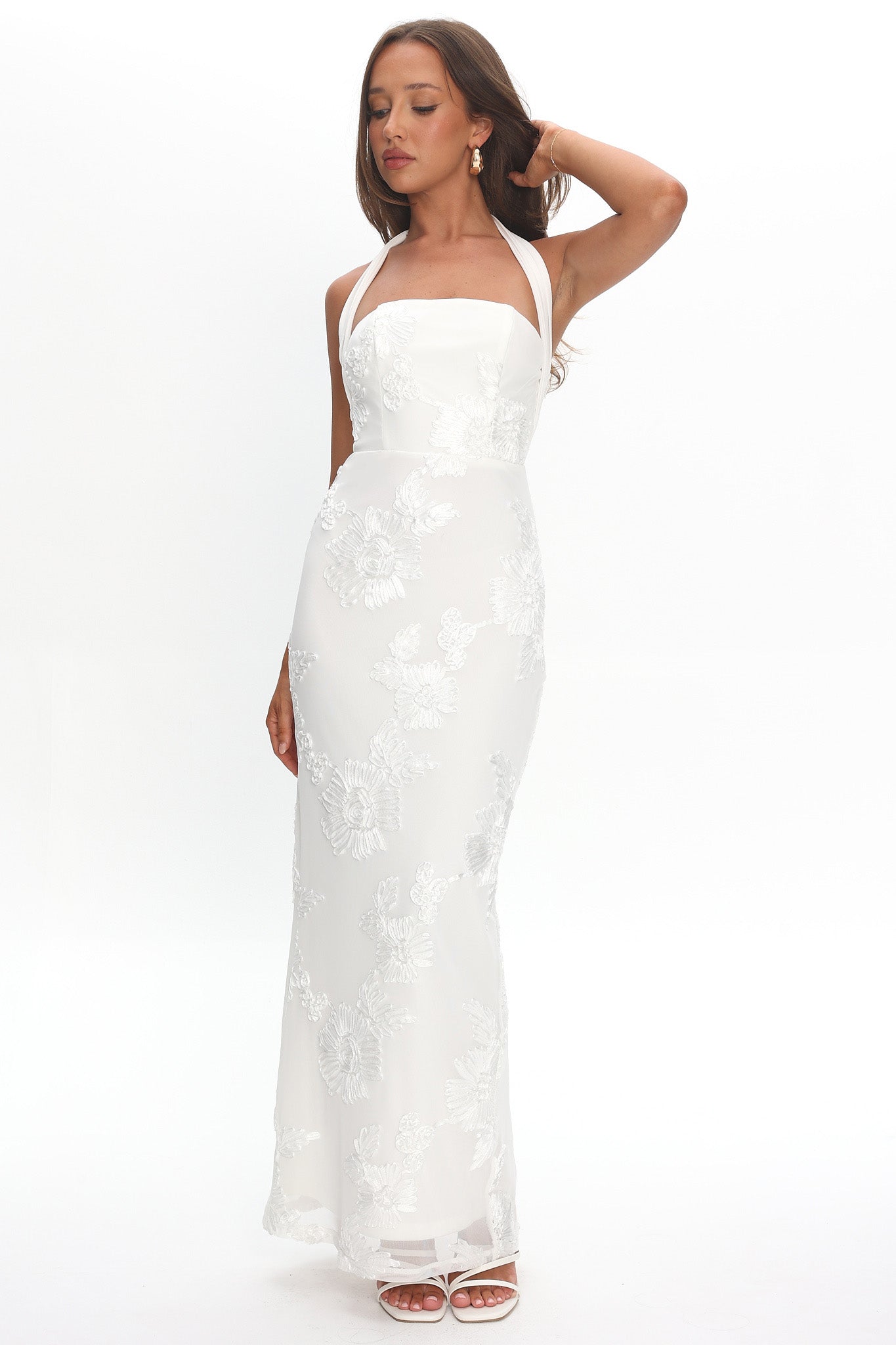 white embellished maxi dress Embellished Long Sleeve Backless Maxi Dress in White - 8