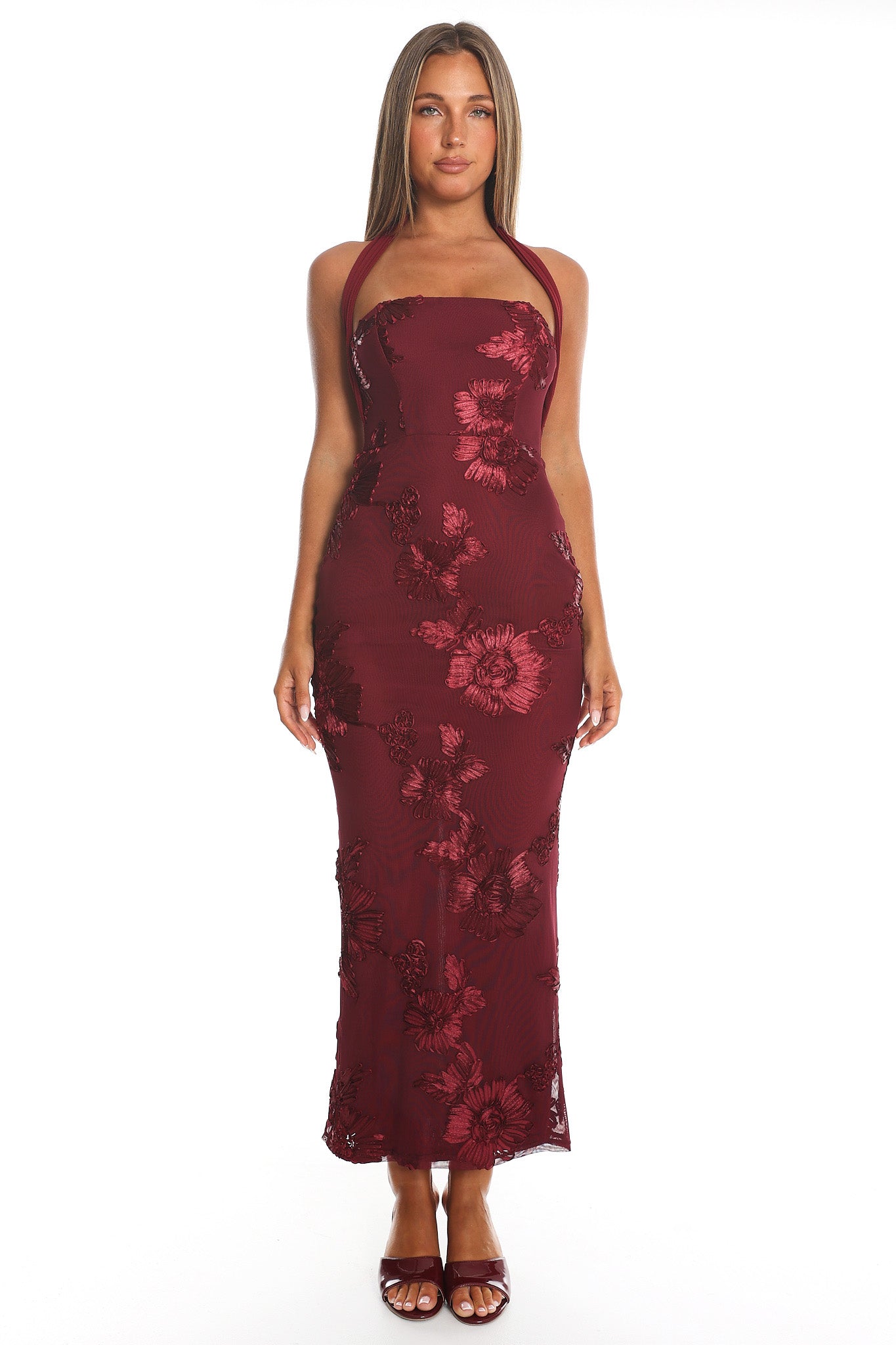 Serenya Halterneck Embellished Maxi Dress Wine