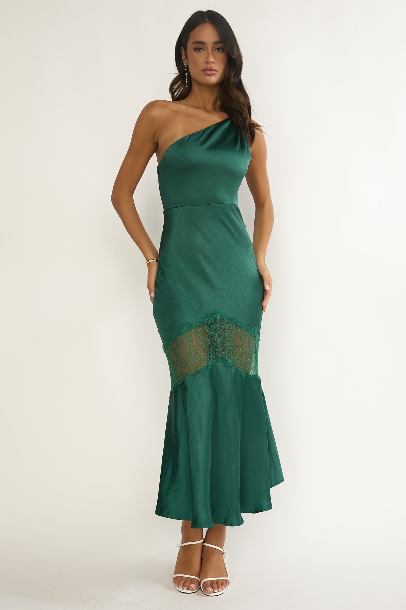 Avielle Lace Trim One-Shoulder Maxi Dress Forest Green by Selfie Leslie
