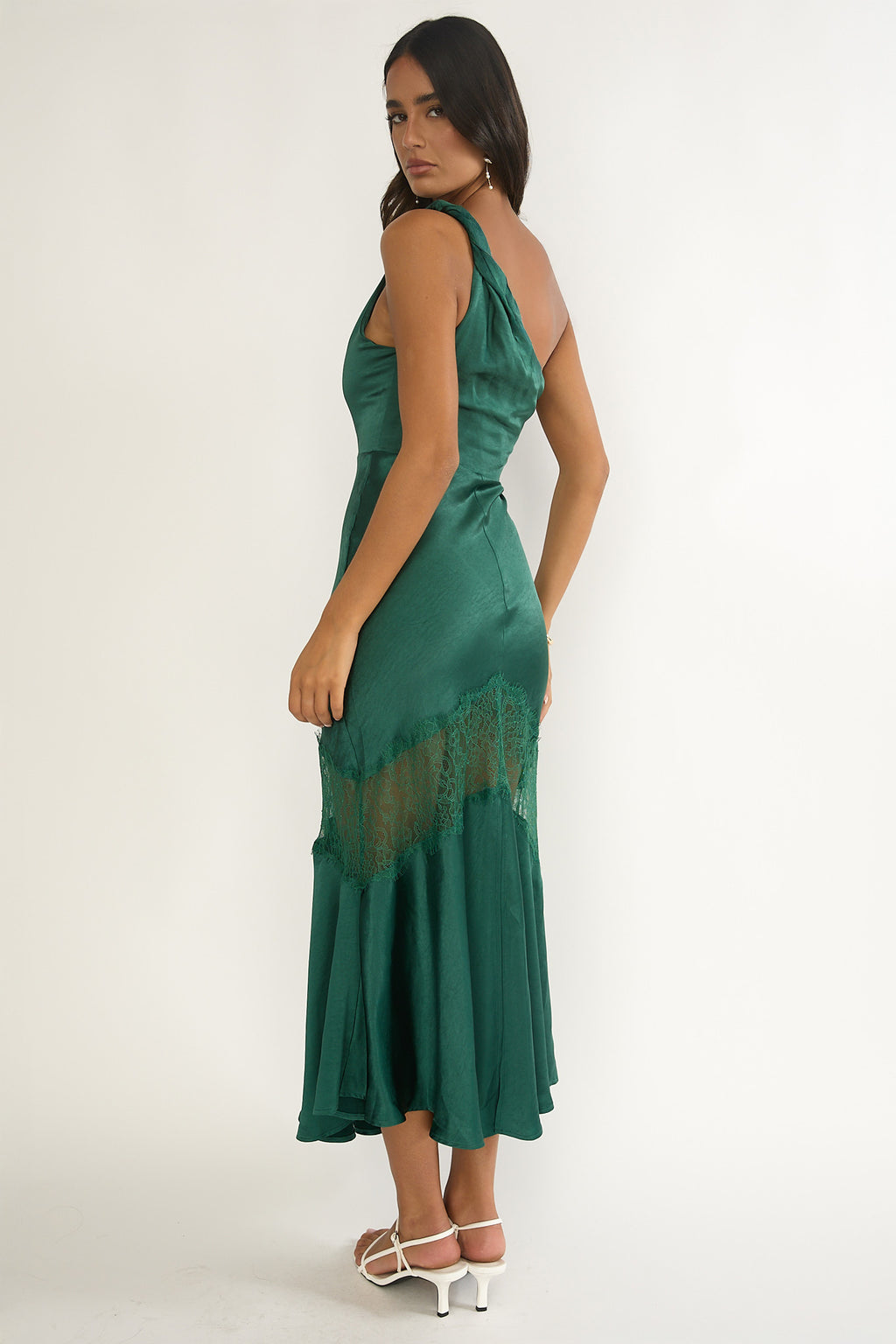 Avielle Lace Trim One-Shoulder Maxi Dress Forest Green by Selfie Leslie
