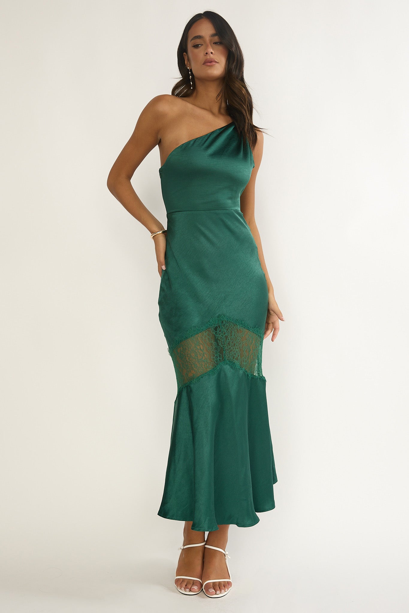 Avielle Lace Trim One-Shoulder Maxi Dress Forest Green by Selfie Leslie