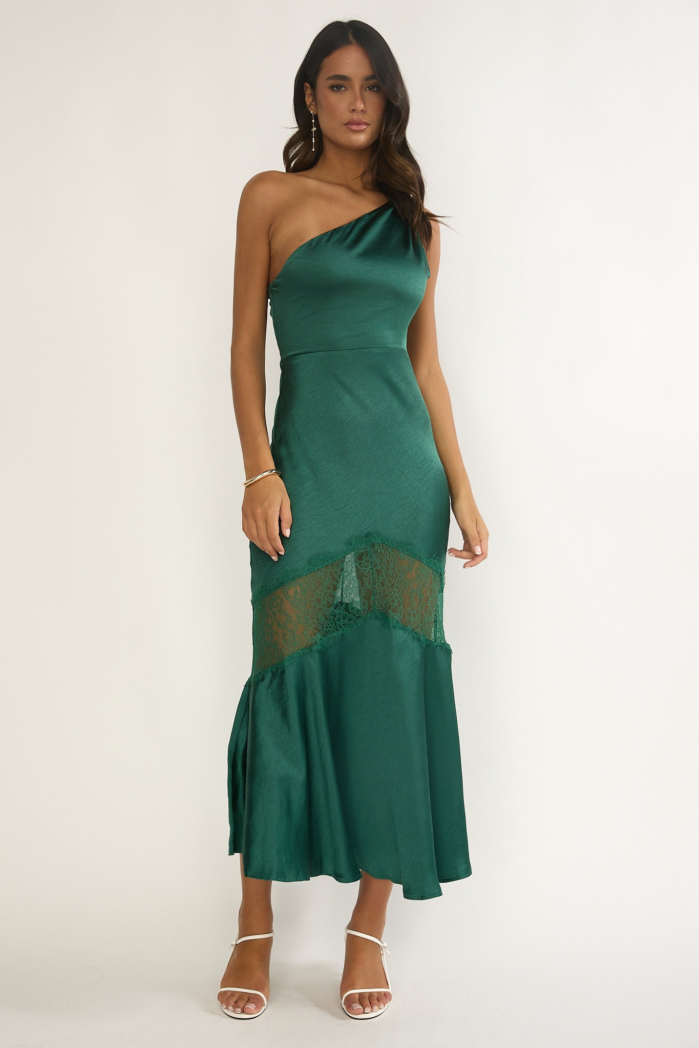 Avielle Lace Trim One-Shoulder Maxi Dress Forest Green by Selfie Leslie