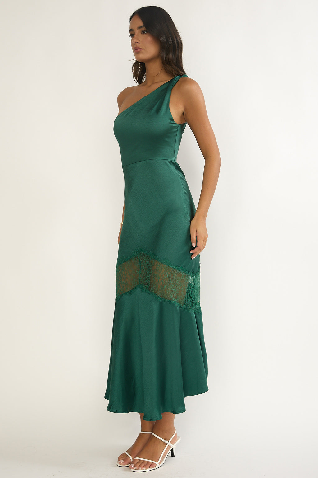 Avielle Lace Trim One-Shoulder Maxi Dress Forest Green by Selfie Leslie