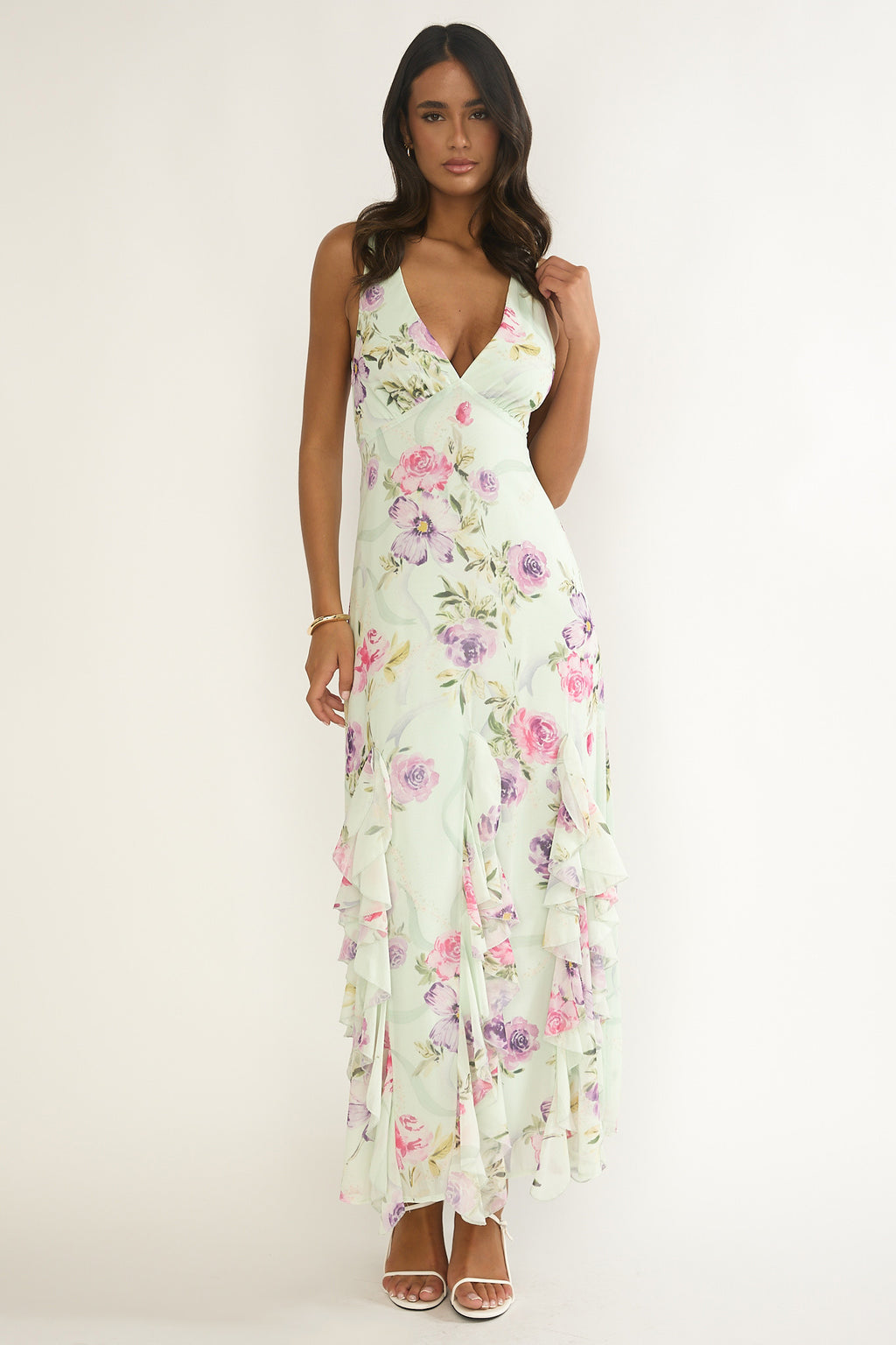 Elenya Strappy Back Ruffle Trim Maxi Dress Mint Floral by Selfie Leslie