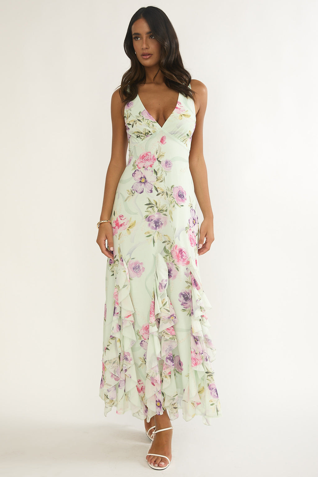 Elenya Strappy Back Ruffle Trim Maxi Dress Mint Floral by Selfie Leslie
