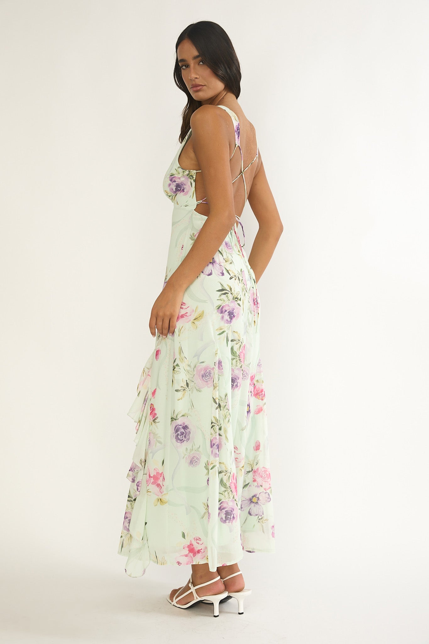 Elenya Strappy Back Ruffle Trim Maxi Dress Mint Floral by Selfie Leslie
