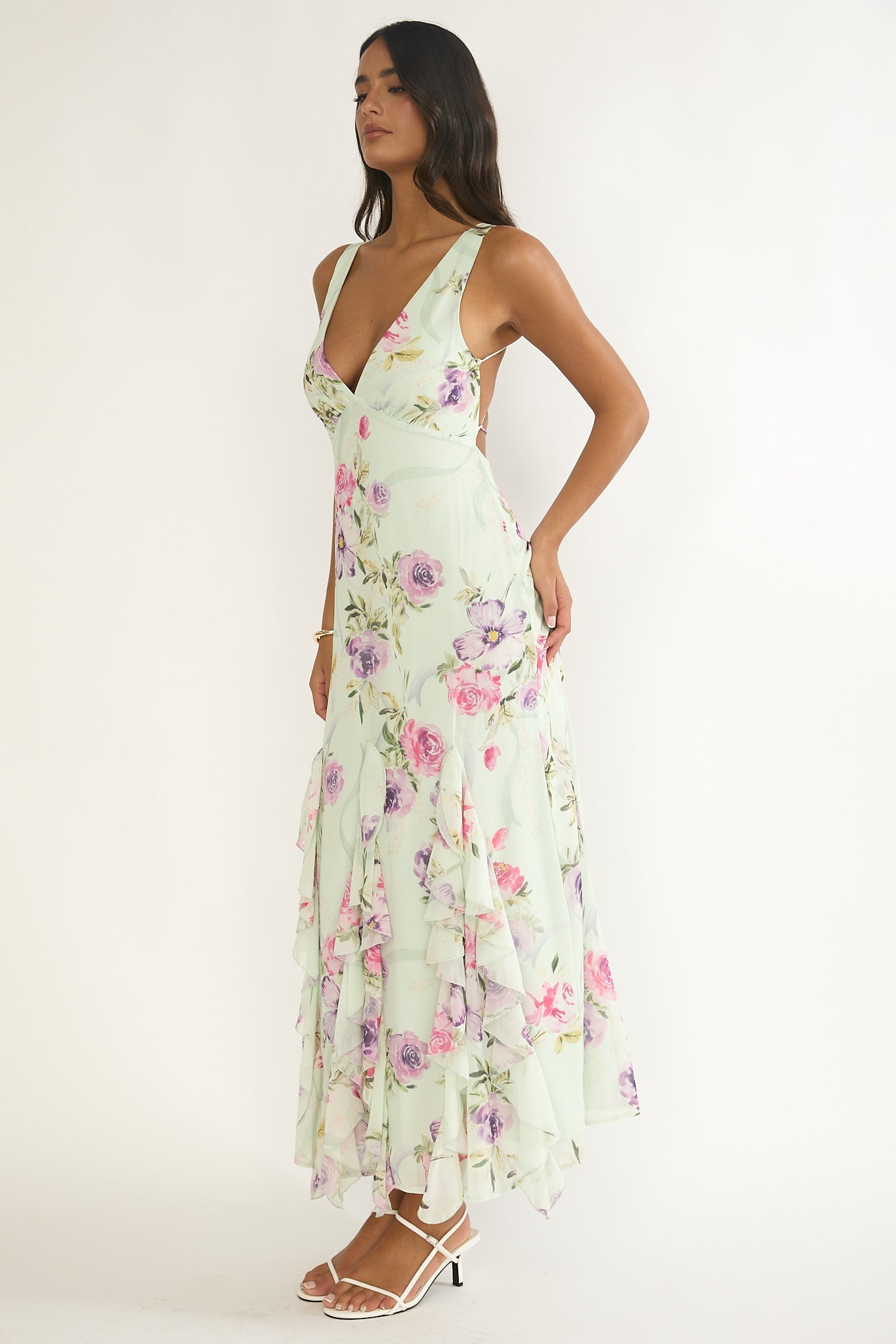 Elenya Strappy Back Ruffle Trim Maxi Dress Mint Floral by Selfie Leslie