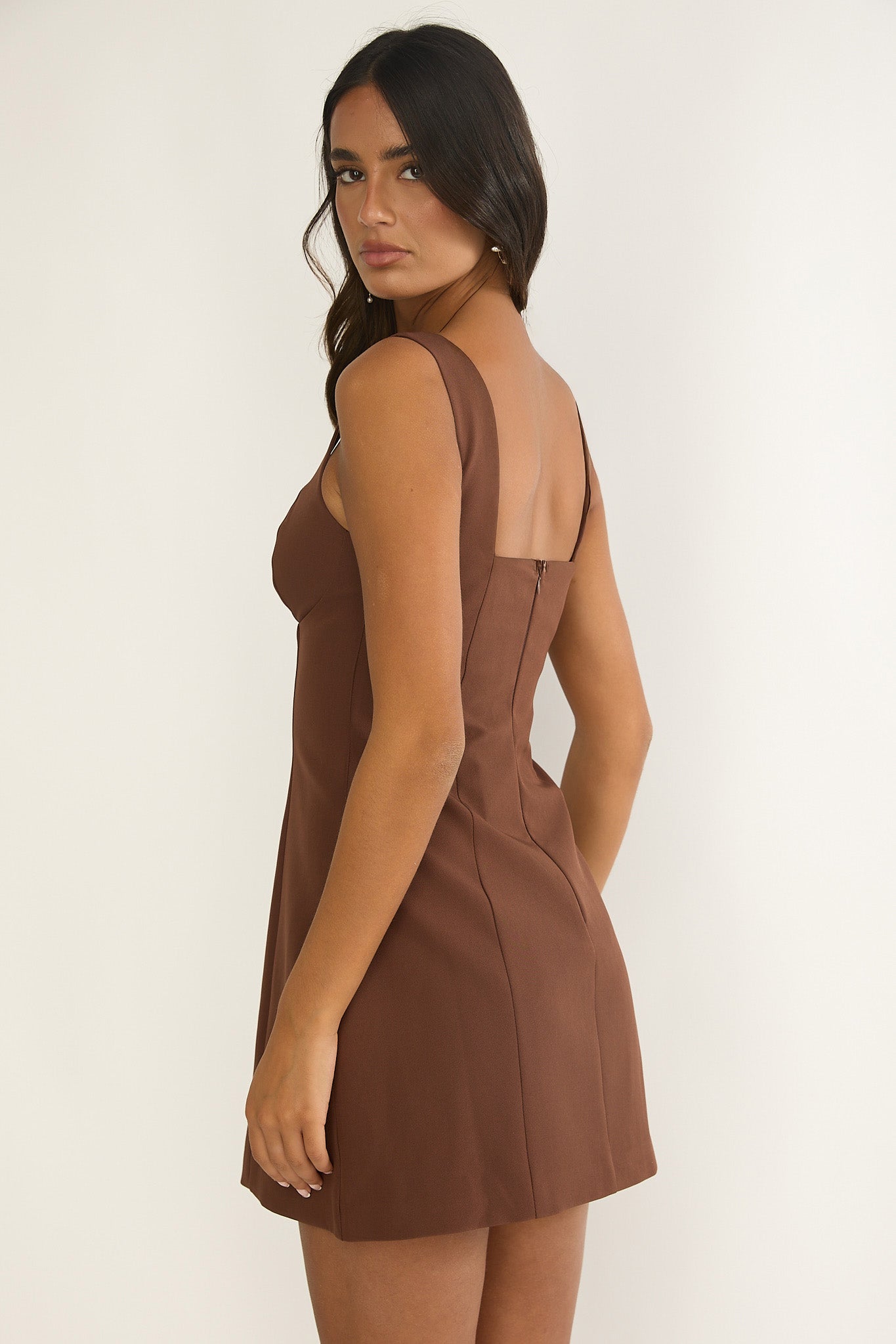 Saryna Square Neckline Mini Dress Coffee by Selfie Leslie