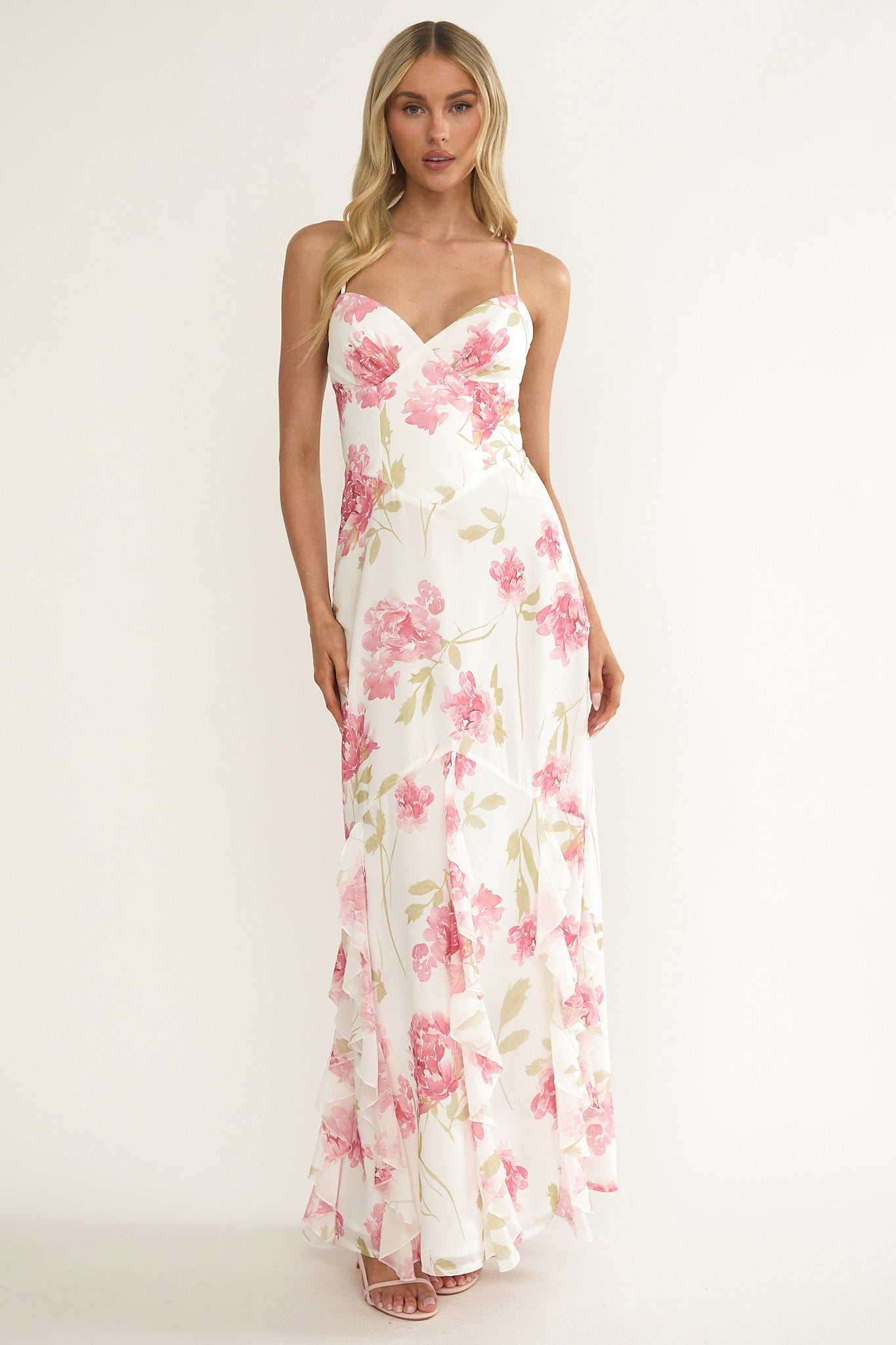 Charlisa Strappy Back Ruffle Maxi Dress Flowers White | Selfie Leslie