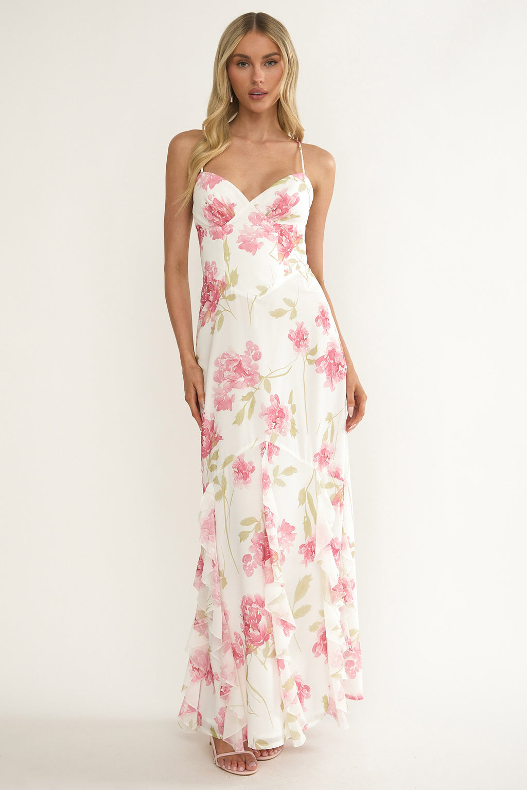 Charlisa Strappy Back Ruffle Maxi Dress Flowers White by Selfie Leslie