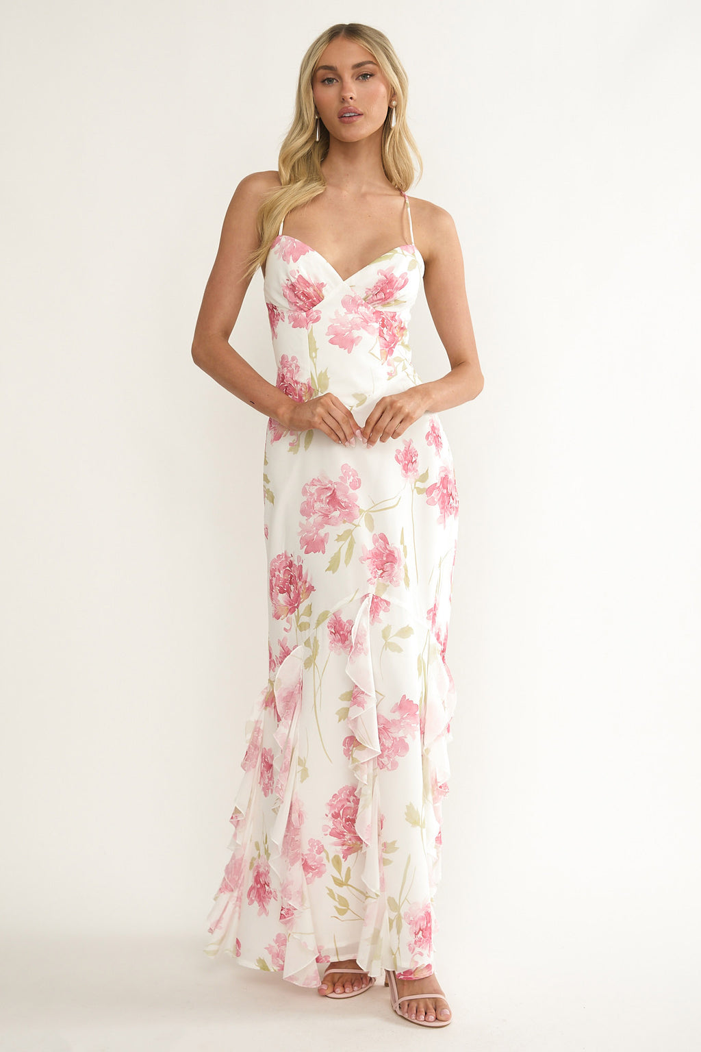 Charlisa Strappy Back Ruffle Maxi Dress Flowers White by Selfie Leslie