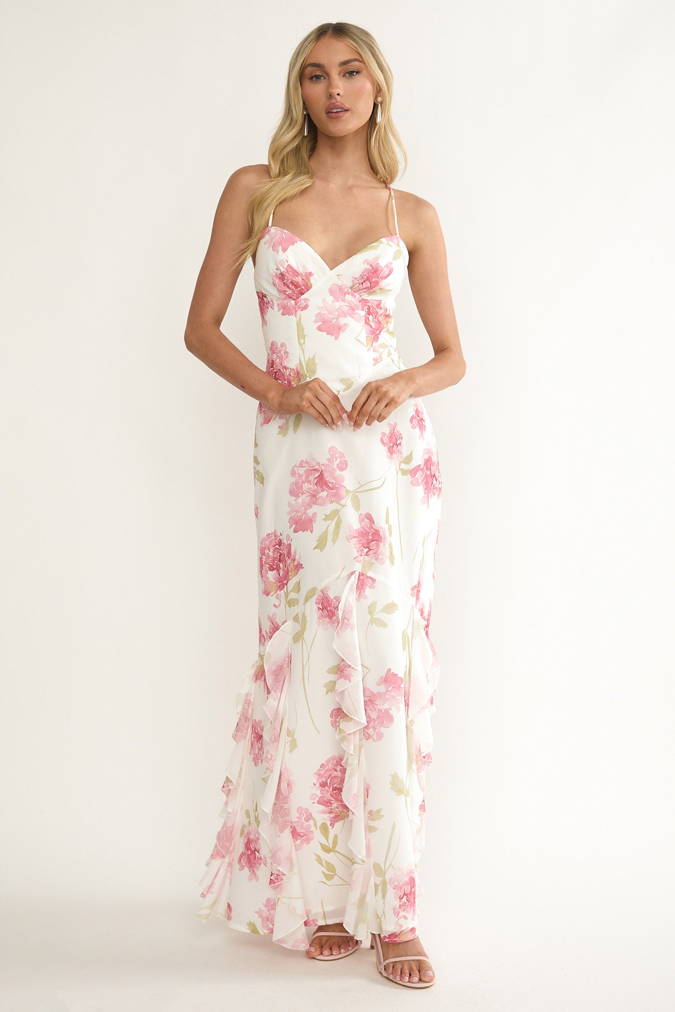Charlisa Strappy Back Ruffle Maxi Dress Flowers White by Selfie Leslie