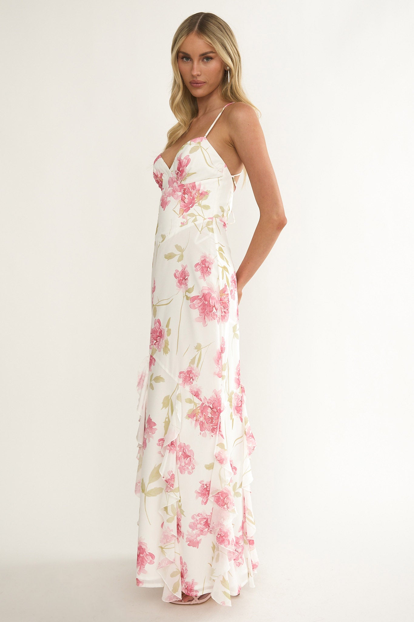 Charlisa Strappy Back Ruffle Maxi Dress Flowers White by Selfie Leslie